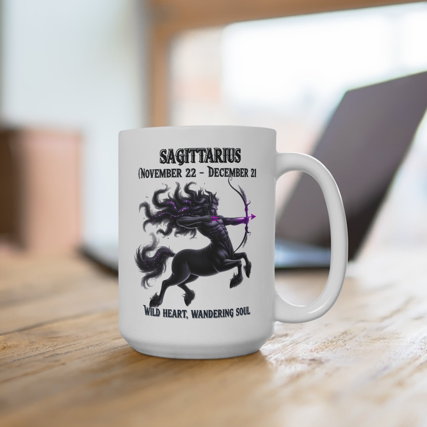 White mug with Sagittarius zodiac design on a wooden surface