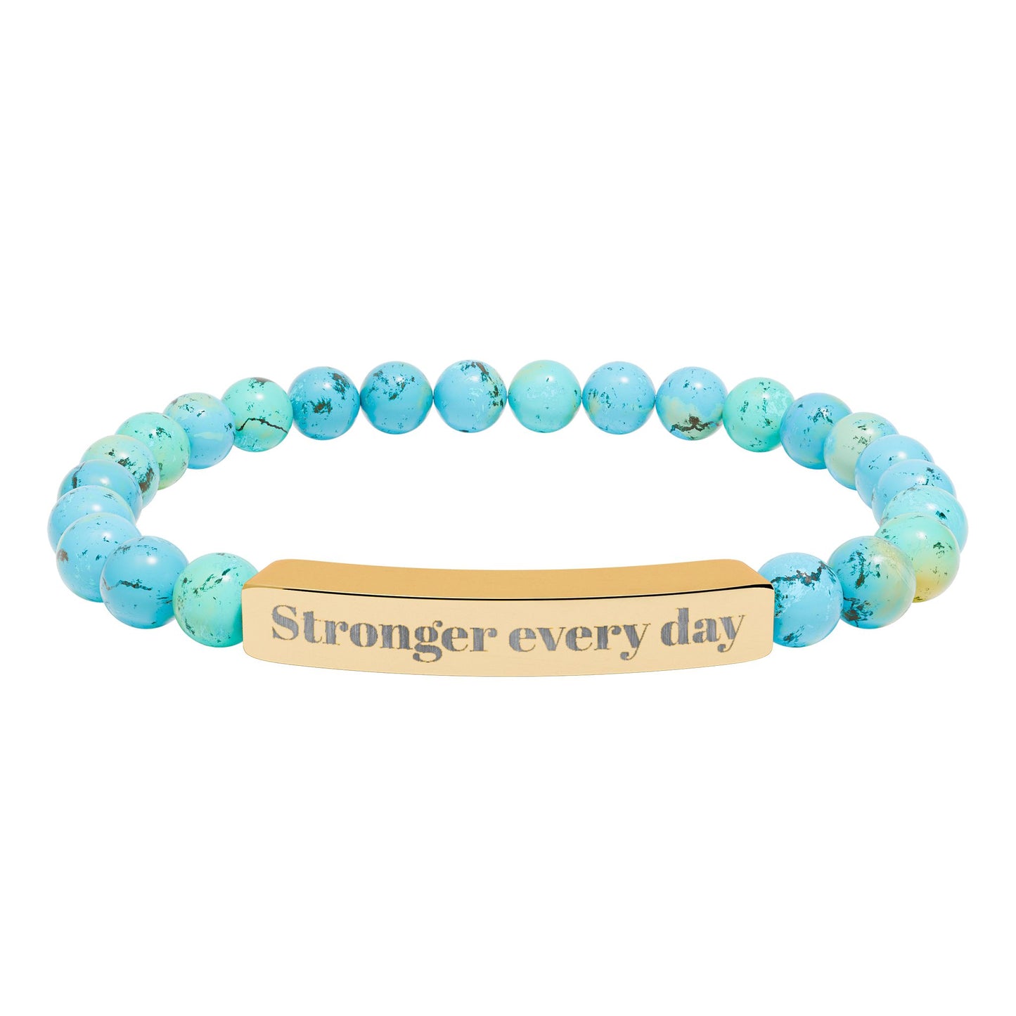 Engraved Natural Stone Stretch Bracelet — 'Stronger Every Day' Beaded Bar Bracelet