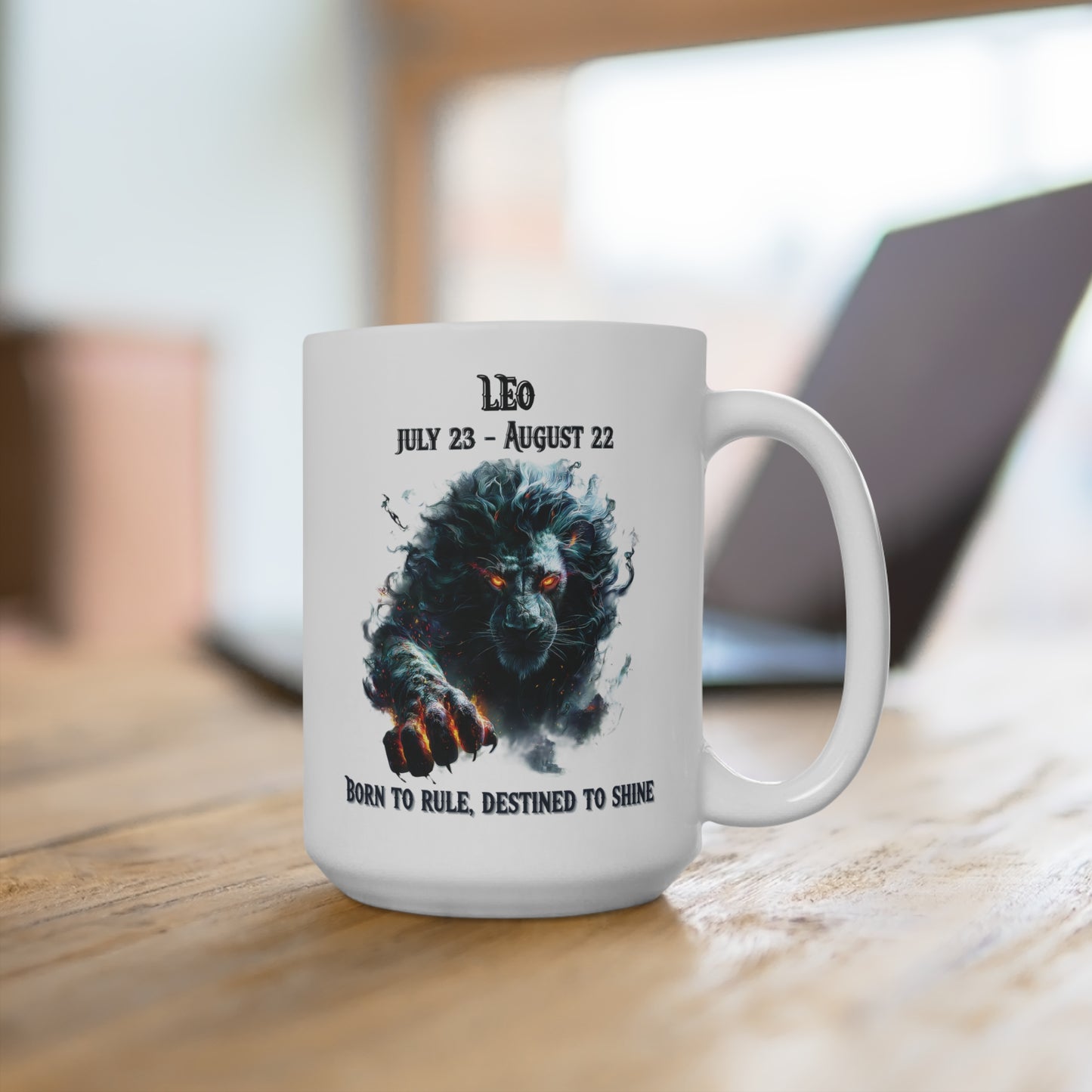 Mug with Leo zodiac design on a wooden surface