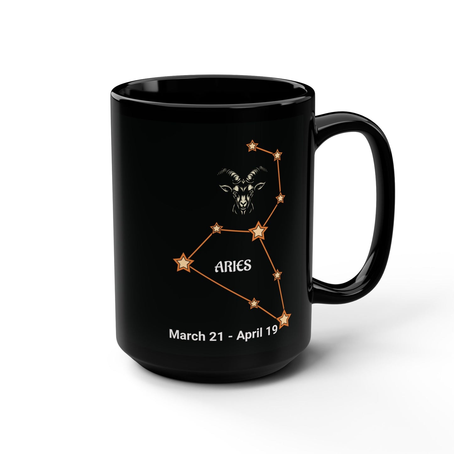 Black mug with Aries constellation design on a white background
