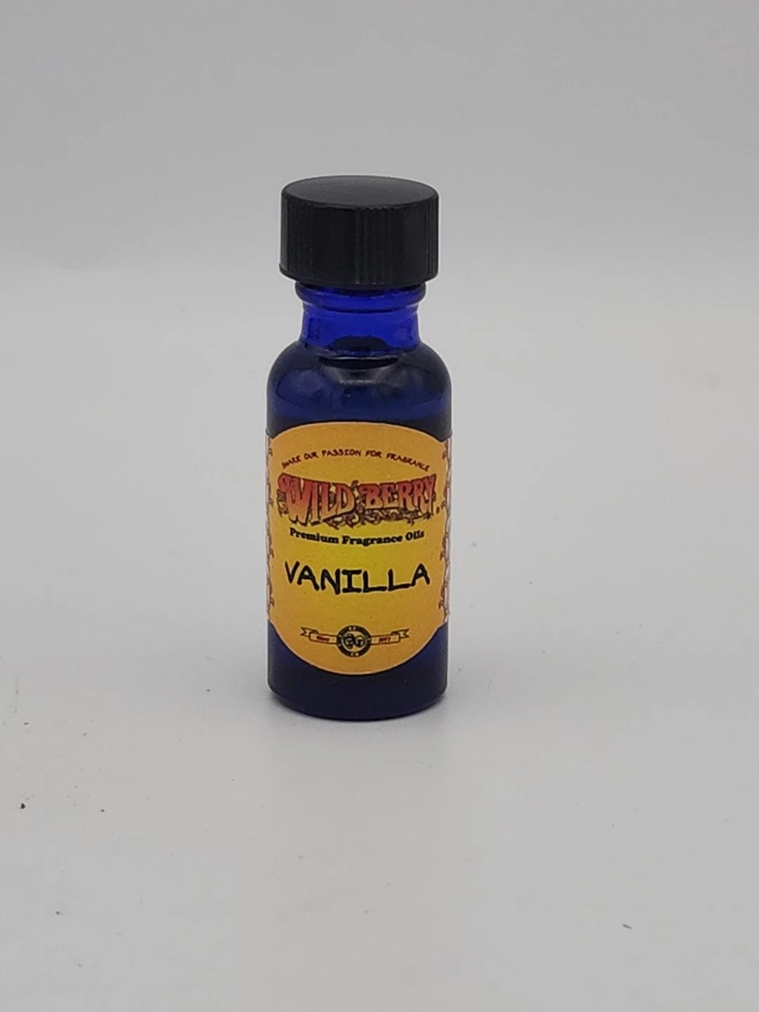 Blue bottle with a yellow label on a white background