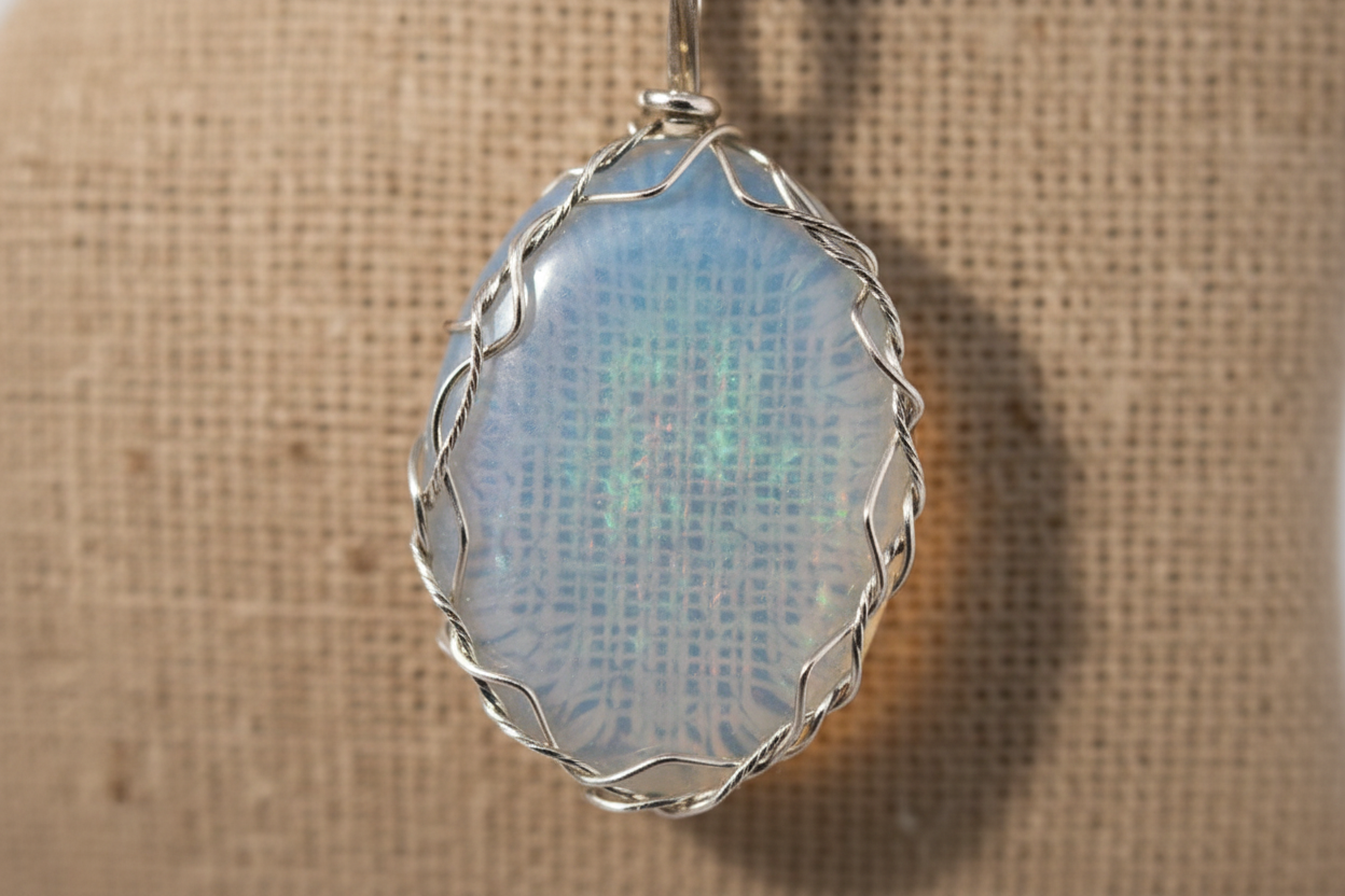Close-up detail of wire-wrapped opalite pendant showing handcrafted silver wire setting and iridescent milky blue-white stone