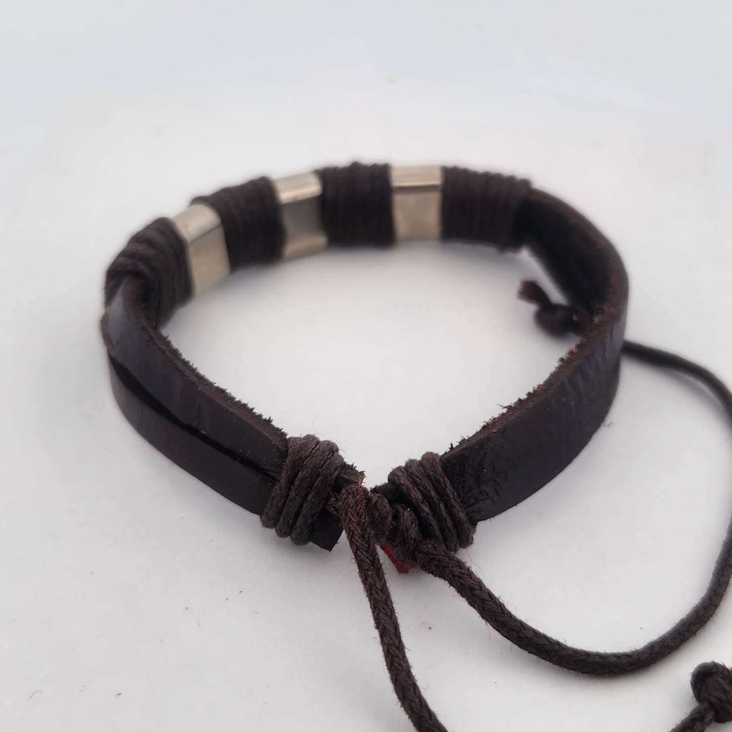 Brown Leather Bracelet with Silver Bars | Modern Braided Cuff | Unisex