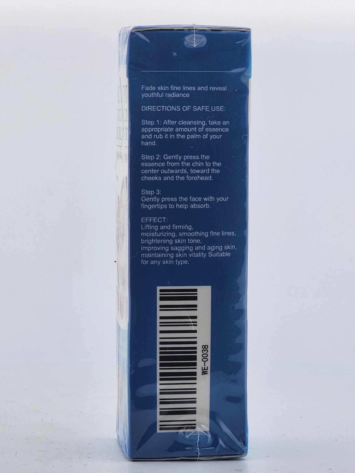Blue packaging with text and a barcode on a white background