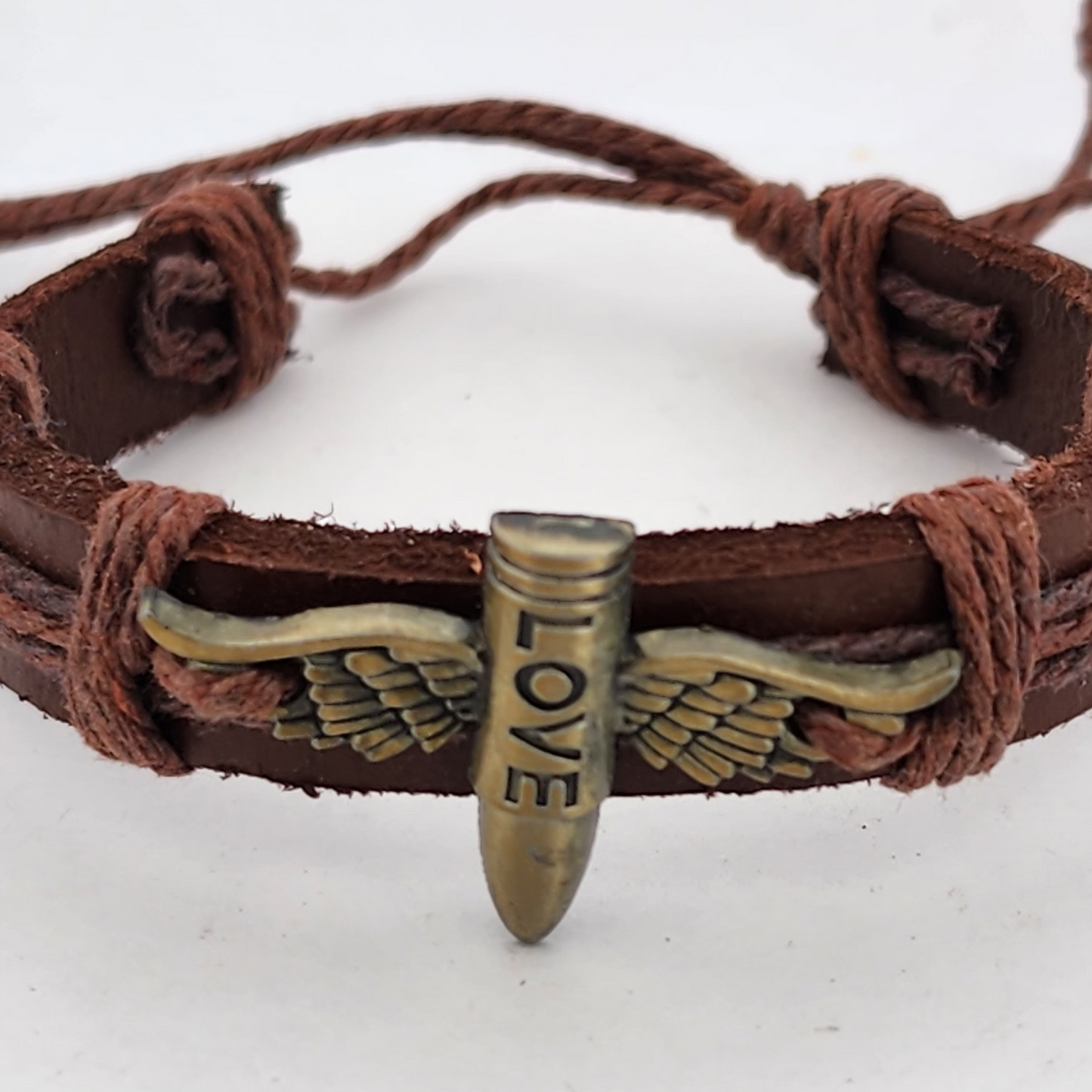 Brown Leather Bracelet with Bullet & Wings Charm | Love Engraved | Unisex