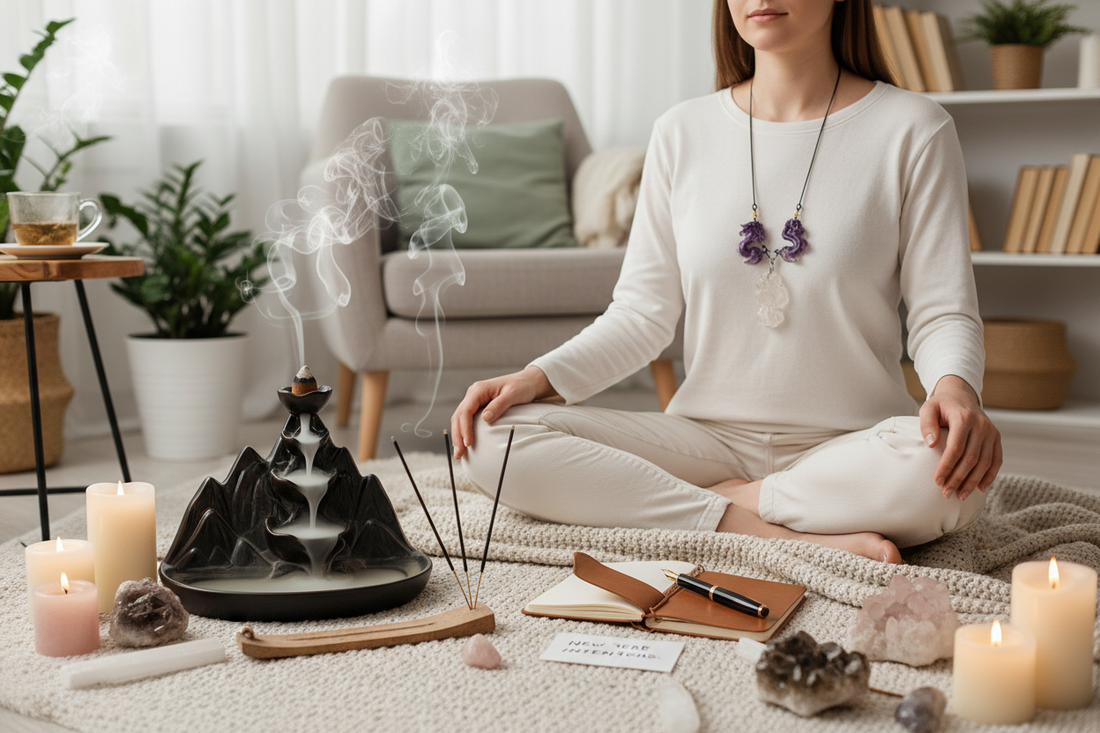 Peaceful meditation sanctuary with dragon crystal pendants, backflow incense burner with smoke, burning incense, journal and crystals for after-Christmas self-care and new year intentions