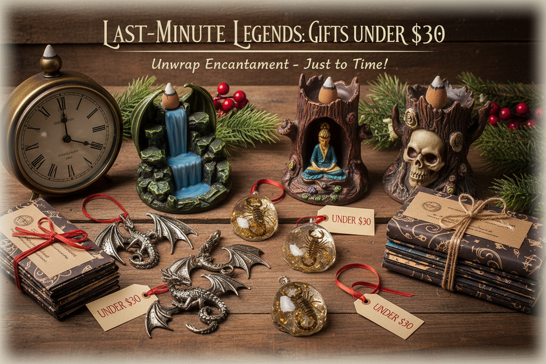 Last-minute holiday gifts under $30 including dragon pendants, scorpion jewelry, fantasy backflow incense burners and wrapped incense on rustic wood with festive decorations