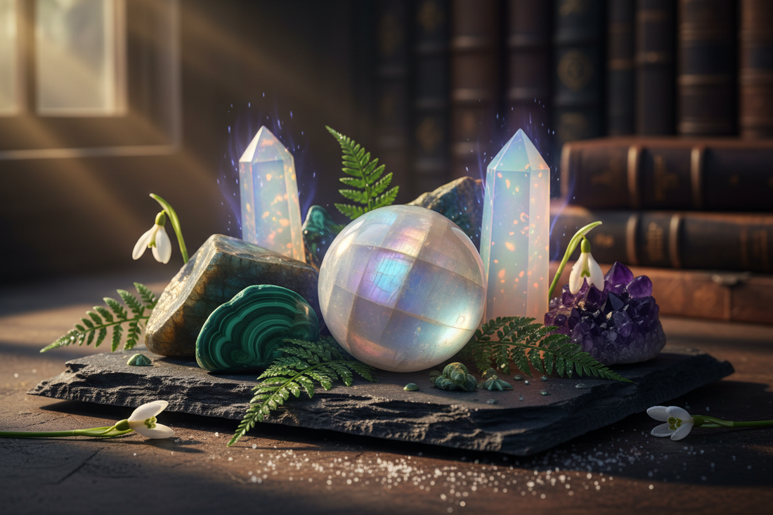 Rainbow moonstone, labradorite, malachite, opalite, and amethyst crystals arranged on natural surface for January transformation and new beginnings