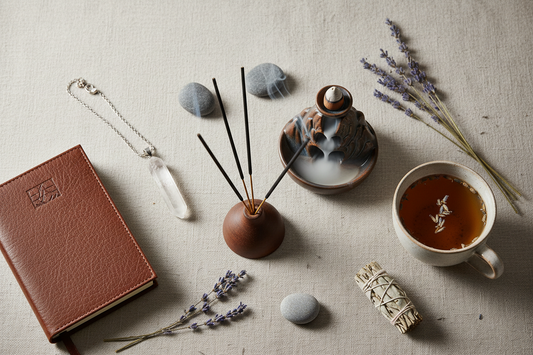 Stress relief wellness toolkit with burning incense, backflow burner, crystal quartz pendant, meditation journal and calming natural elements for aromatherapy and health optimization