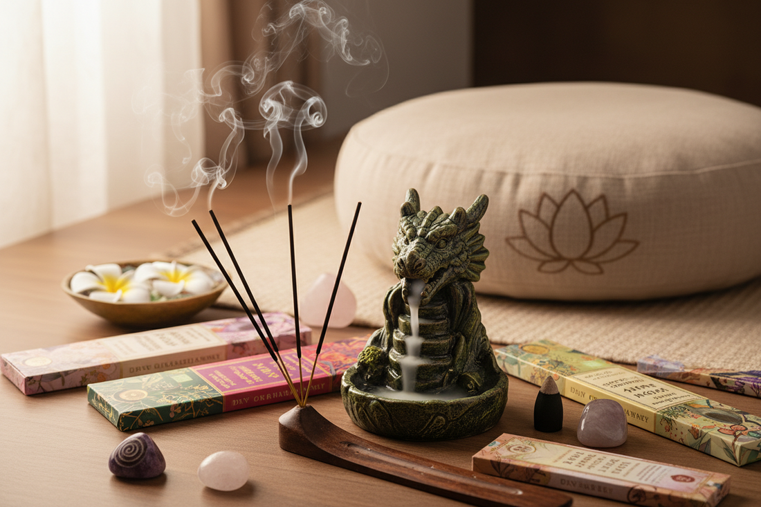 Burning incense sticks with smoke in holder surrounded by aromatherapy products, backflow incense cones, crystals and fantasy burner in peaceful meditation setting