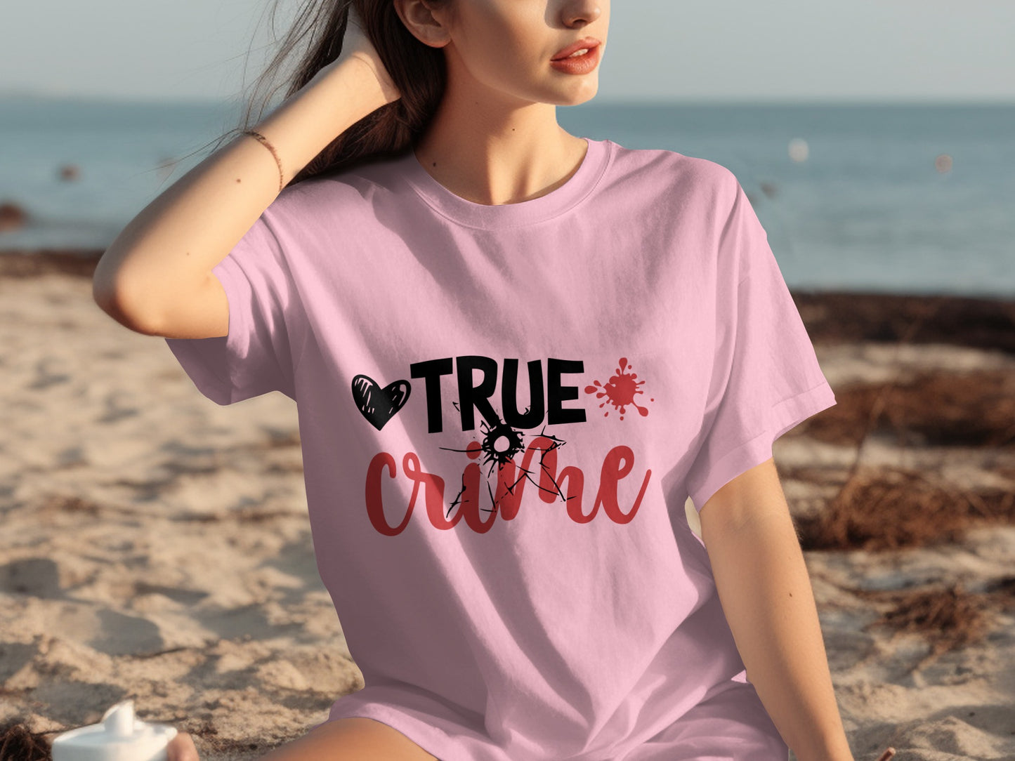 Pink TRUE Crime Heart Splatter Bullet Hole T-Shirt product type
t-shirt, tee, apparel, top, shirt, true crime, crime show, true crime fan, heart graphic, blood splatter, bullet hole, dark humor, macabre art, spooky print, gothic style, pink shirt, trendy, casual, statement piece, graphic tee