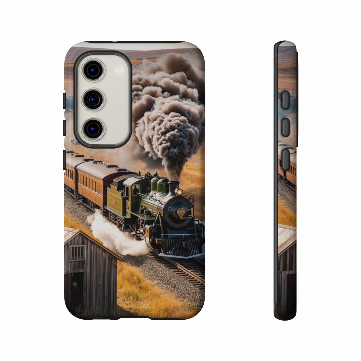 Steam train emerges from smoke near wooden buildings, on a phone case.