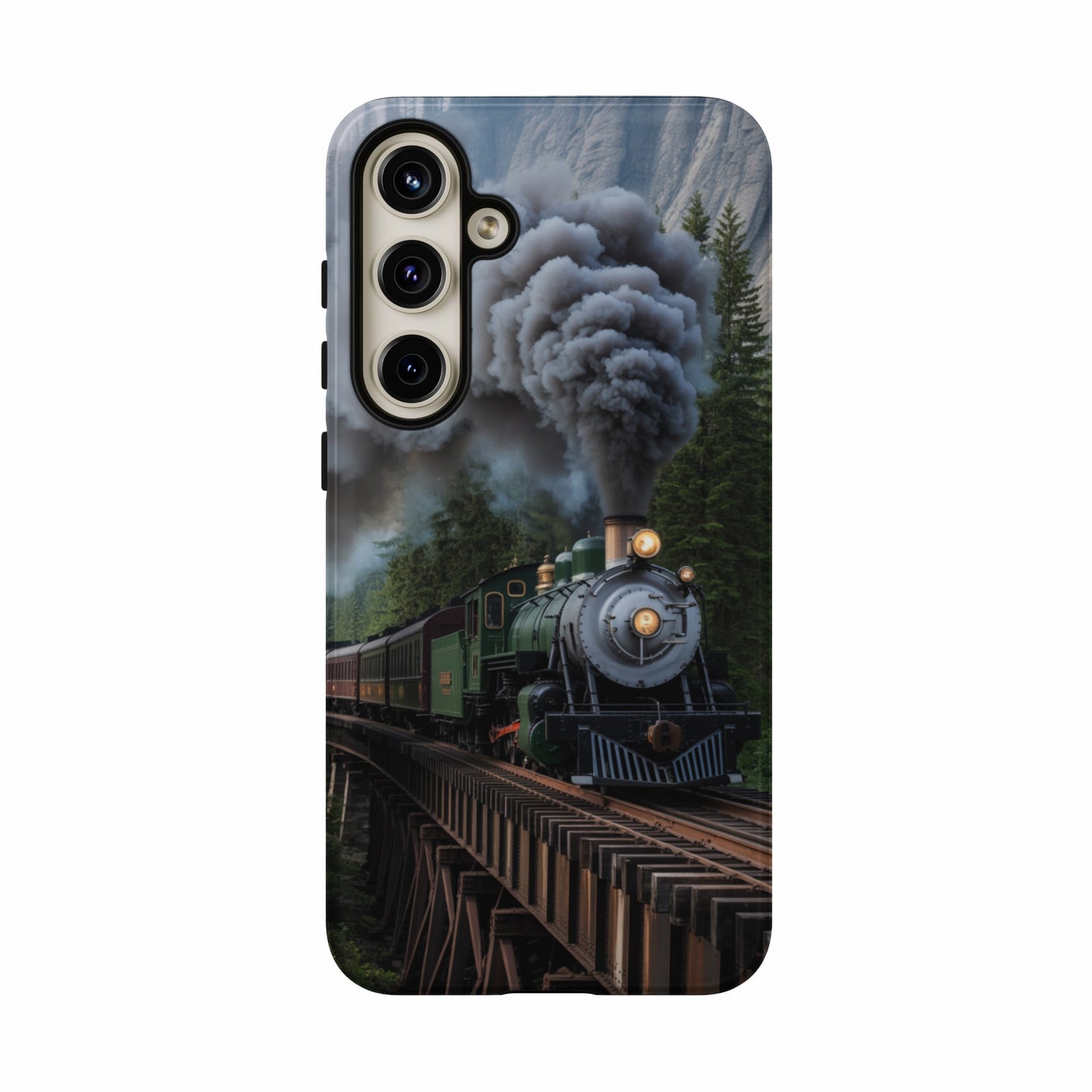 Green steam locomotive pulling train cars across a wooden bridge.