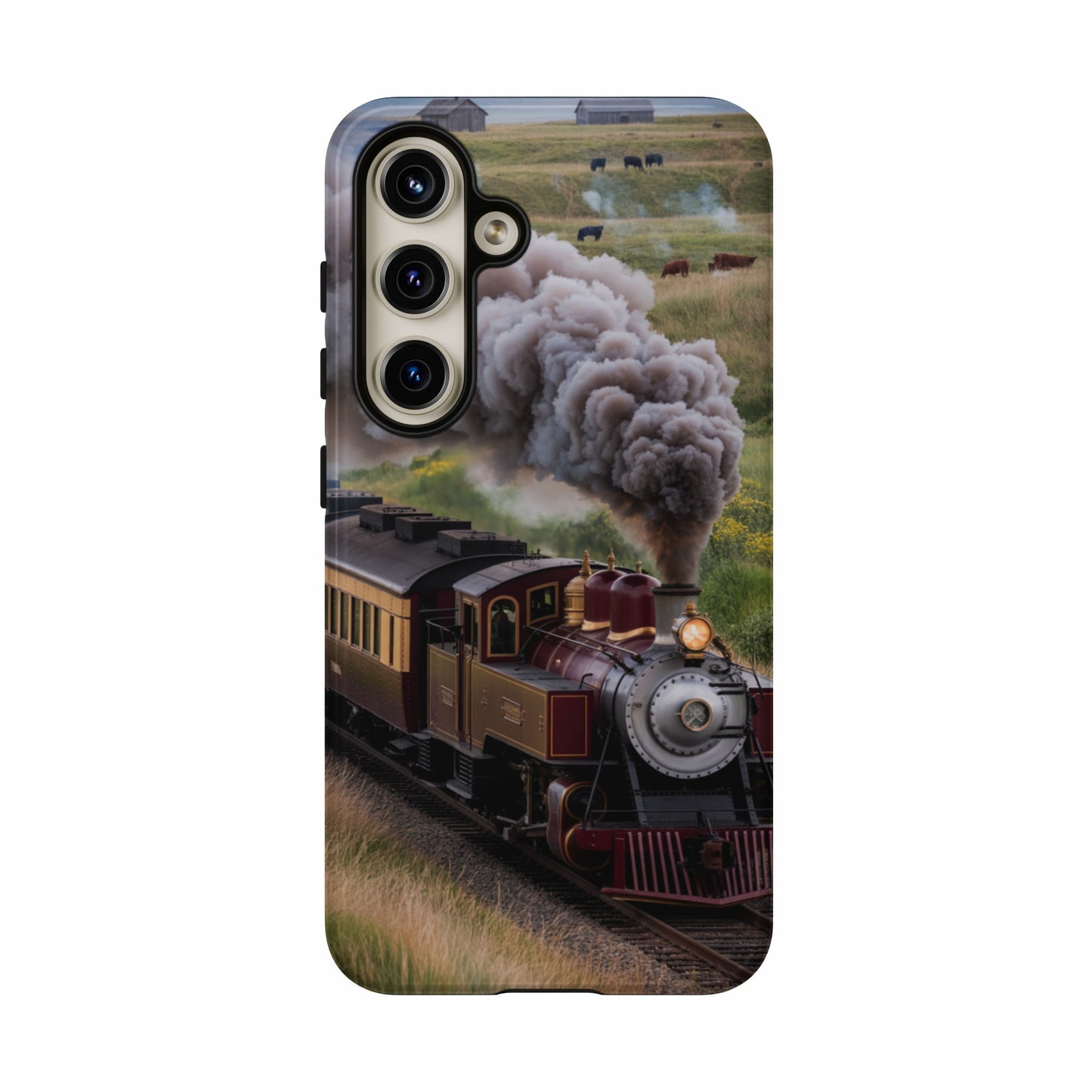 Steam train with cows in background on a rural track.