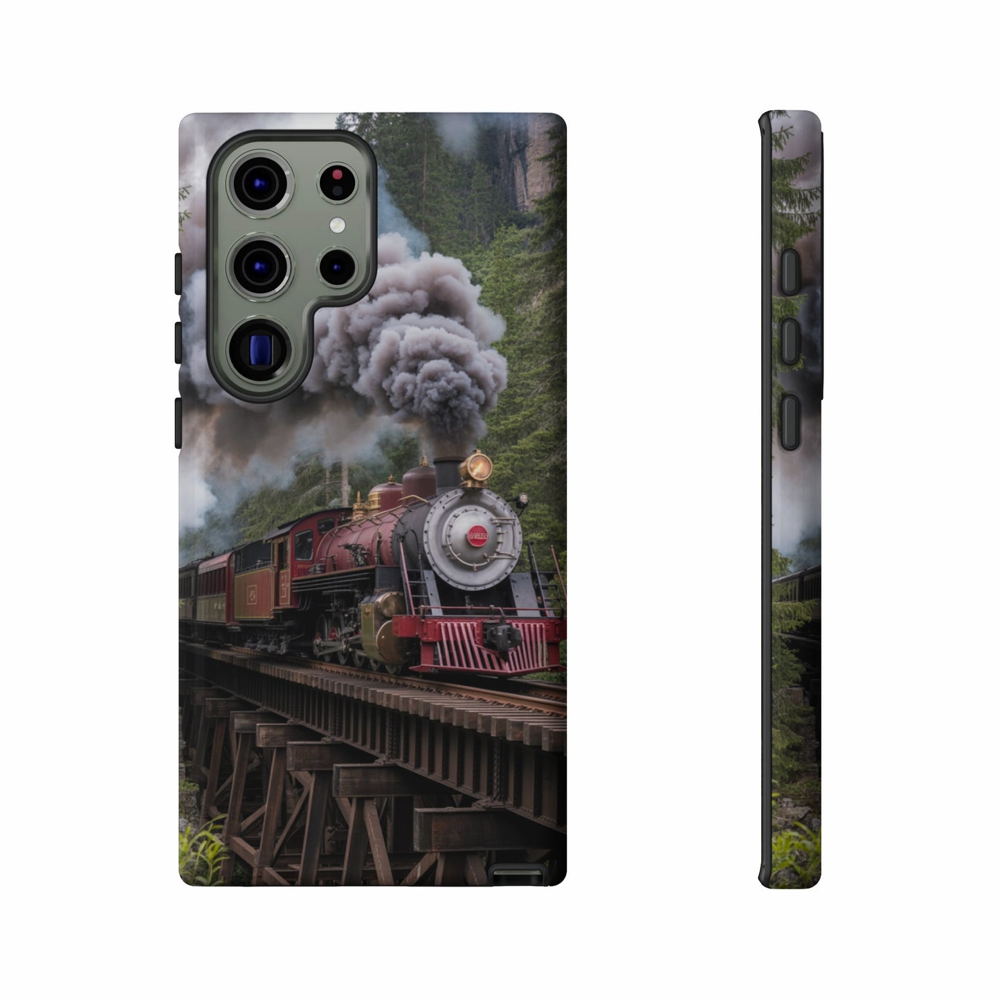 Vintage steam train on a wooden bridge, with forest in the background.