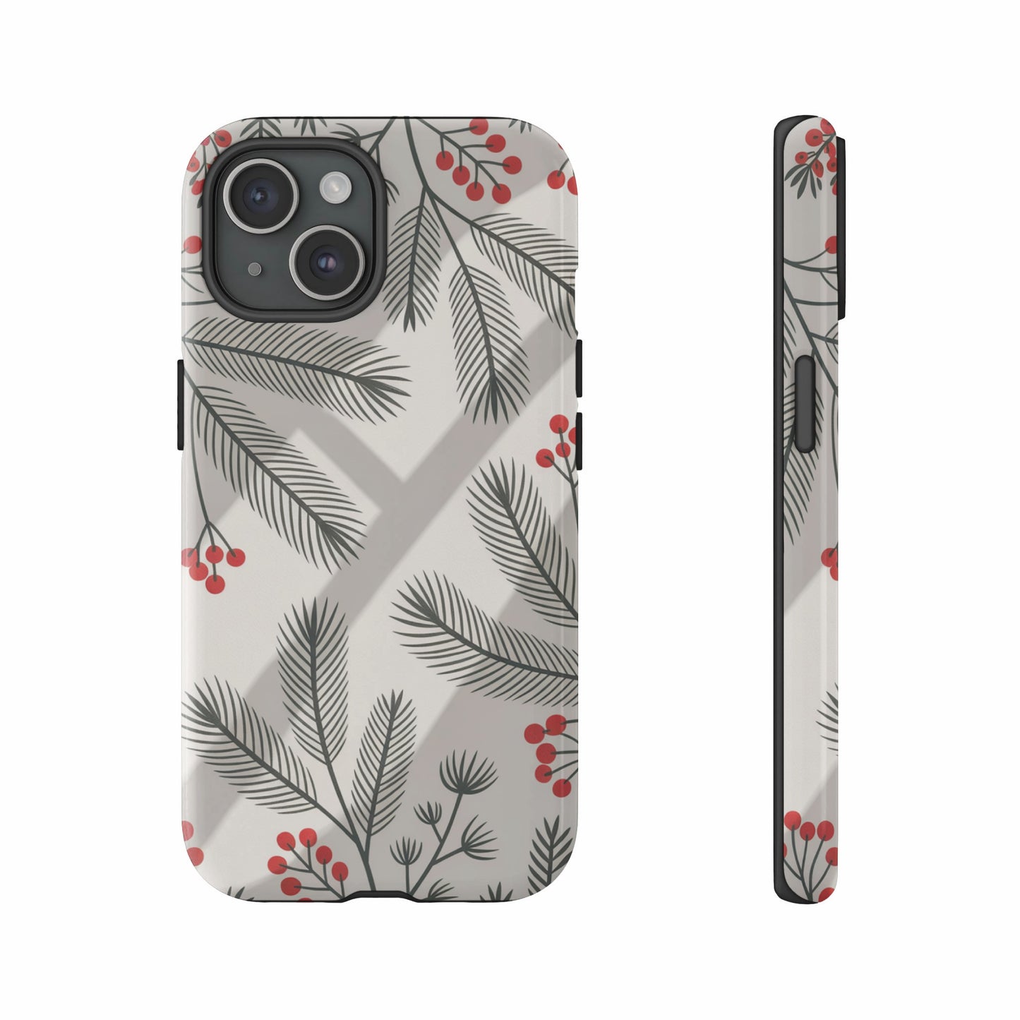 Phone case with a festive evergreen branch and red berry pattern.