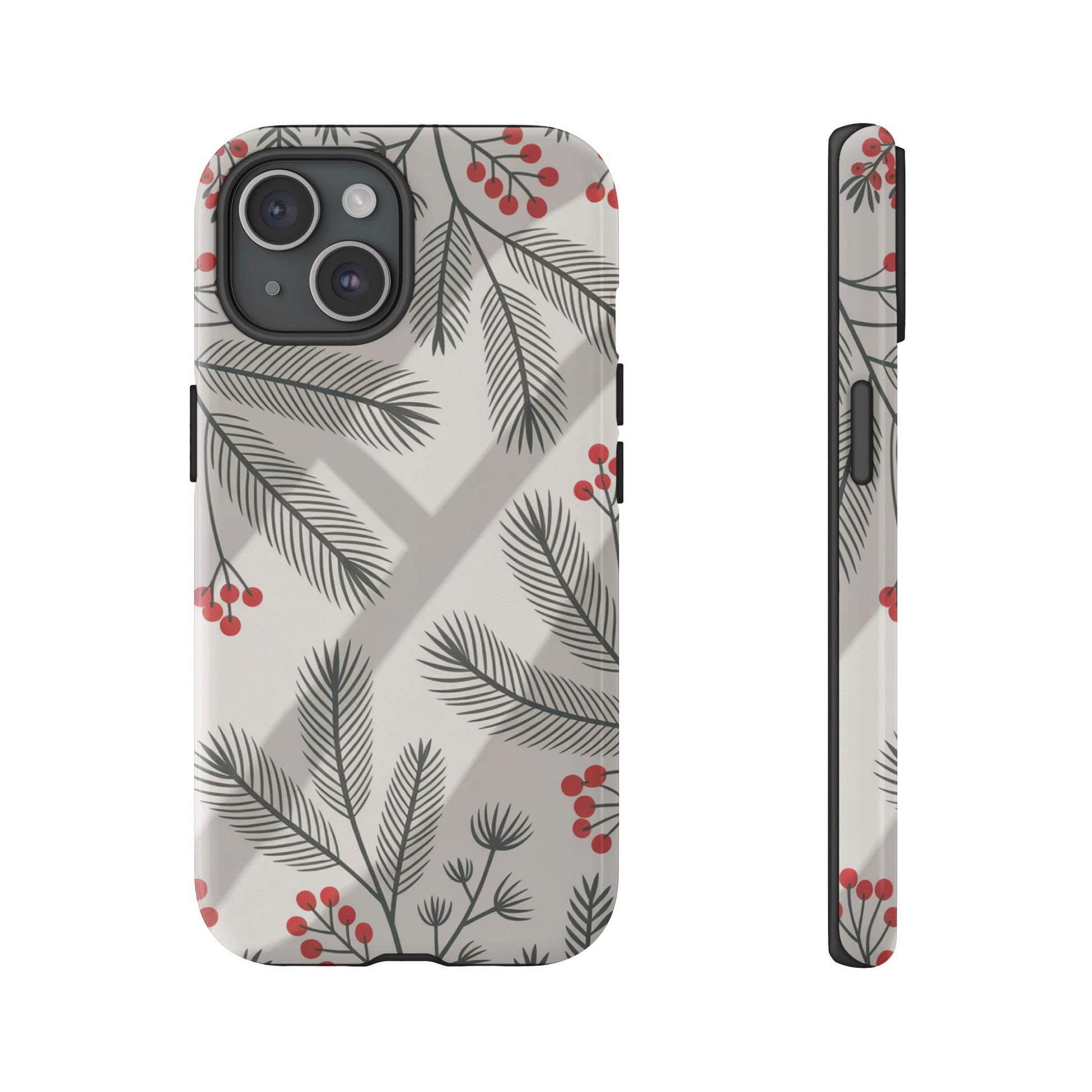 Phone case with a festive evergreen branch and red berry pattern.