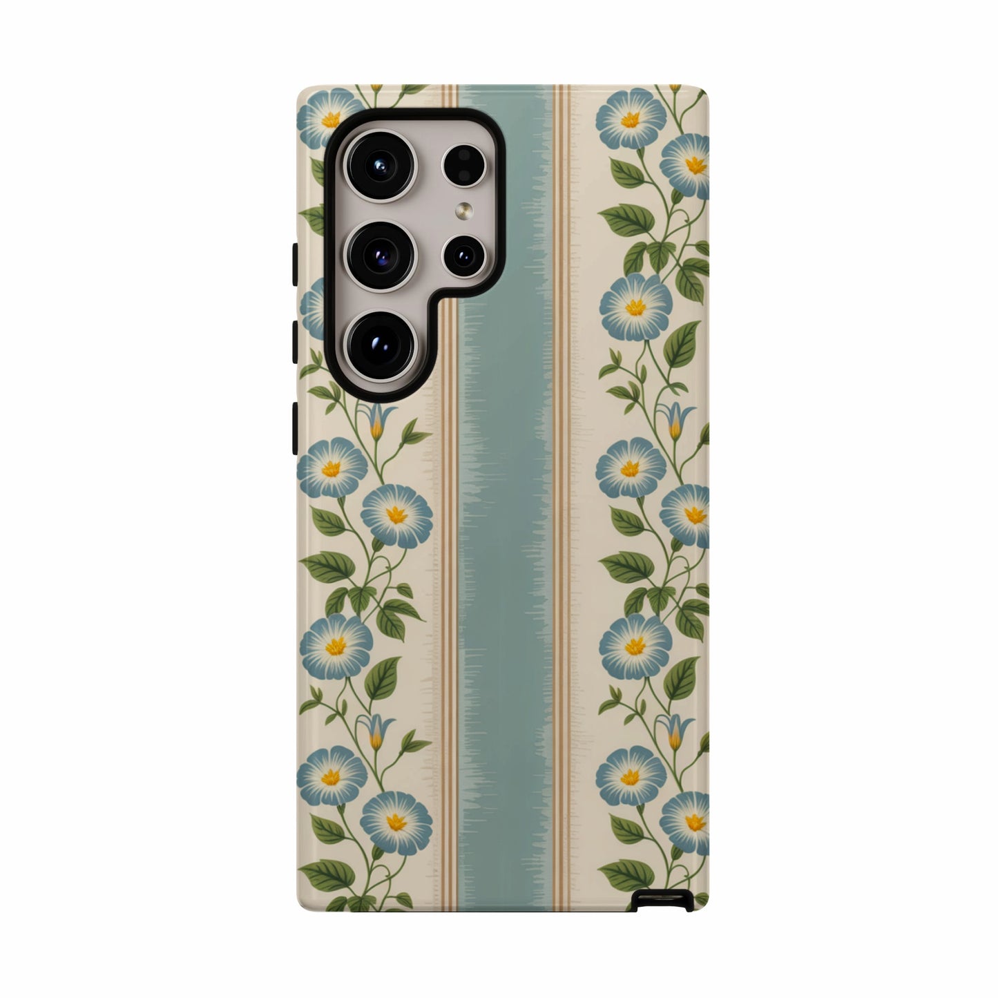 Phone case with blue floral pattern on striped background.