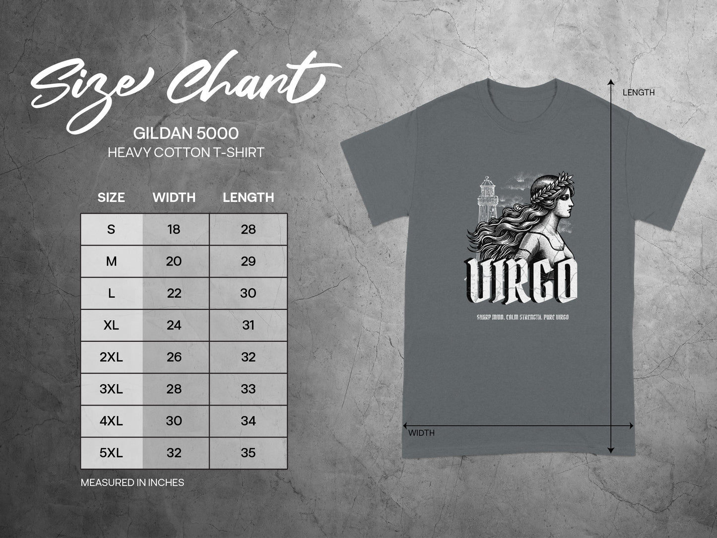 GILDAN 5000 T-SHIRT Size Chart VIRGO product type