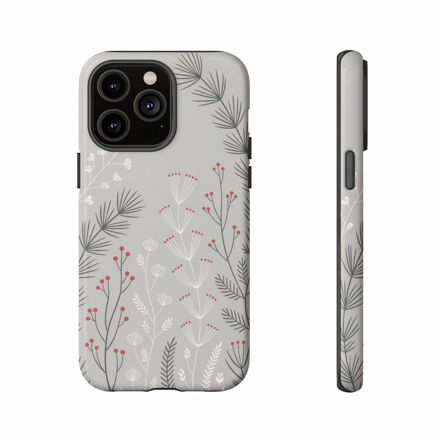 Phone case with a light gray background and a repeating botanical floral pattern.
