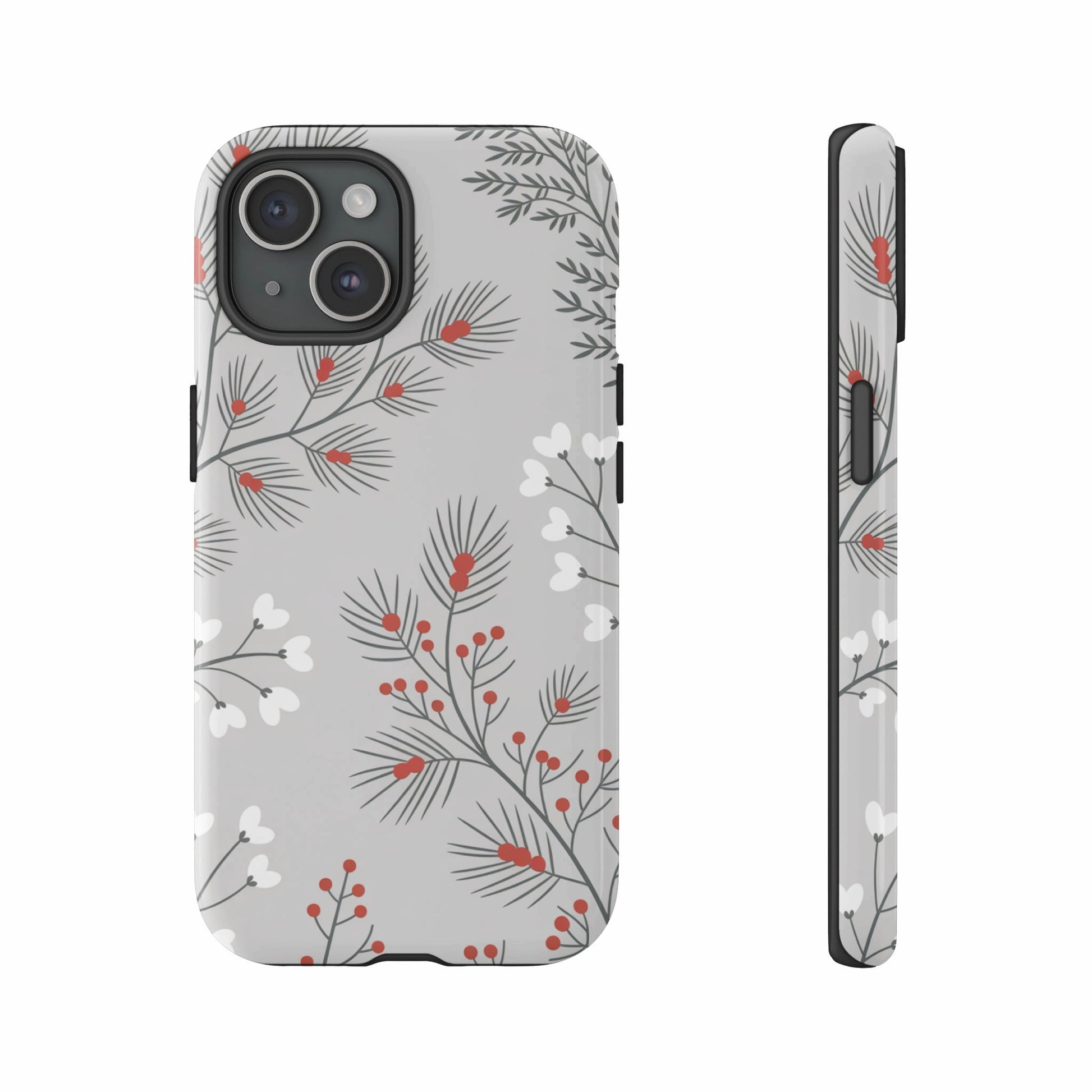 Gray phone case with a pine branch and berry pattern.