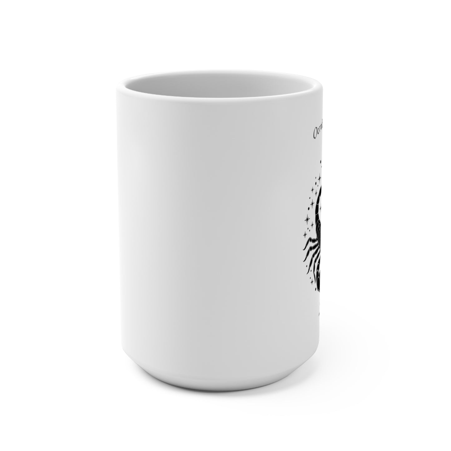 White ceramic mug with black text and design on a white background