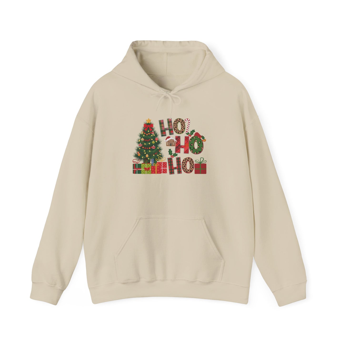 Embroidered Ho Ho Ho Christmas Hoodie – Festive Tree & Gifts Holiday Sweatshirt