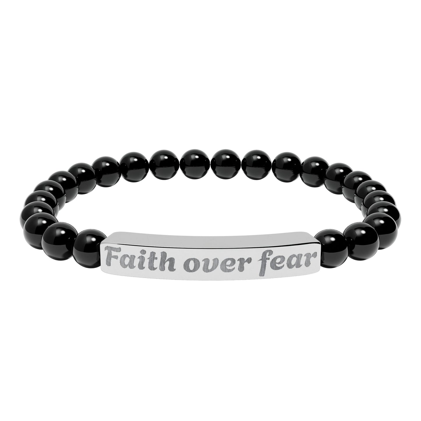 Faith Over Fear Natural Stone Stretch Bracelet — Engraved Beaded Bar Bracelet