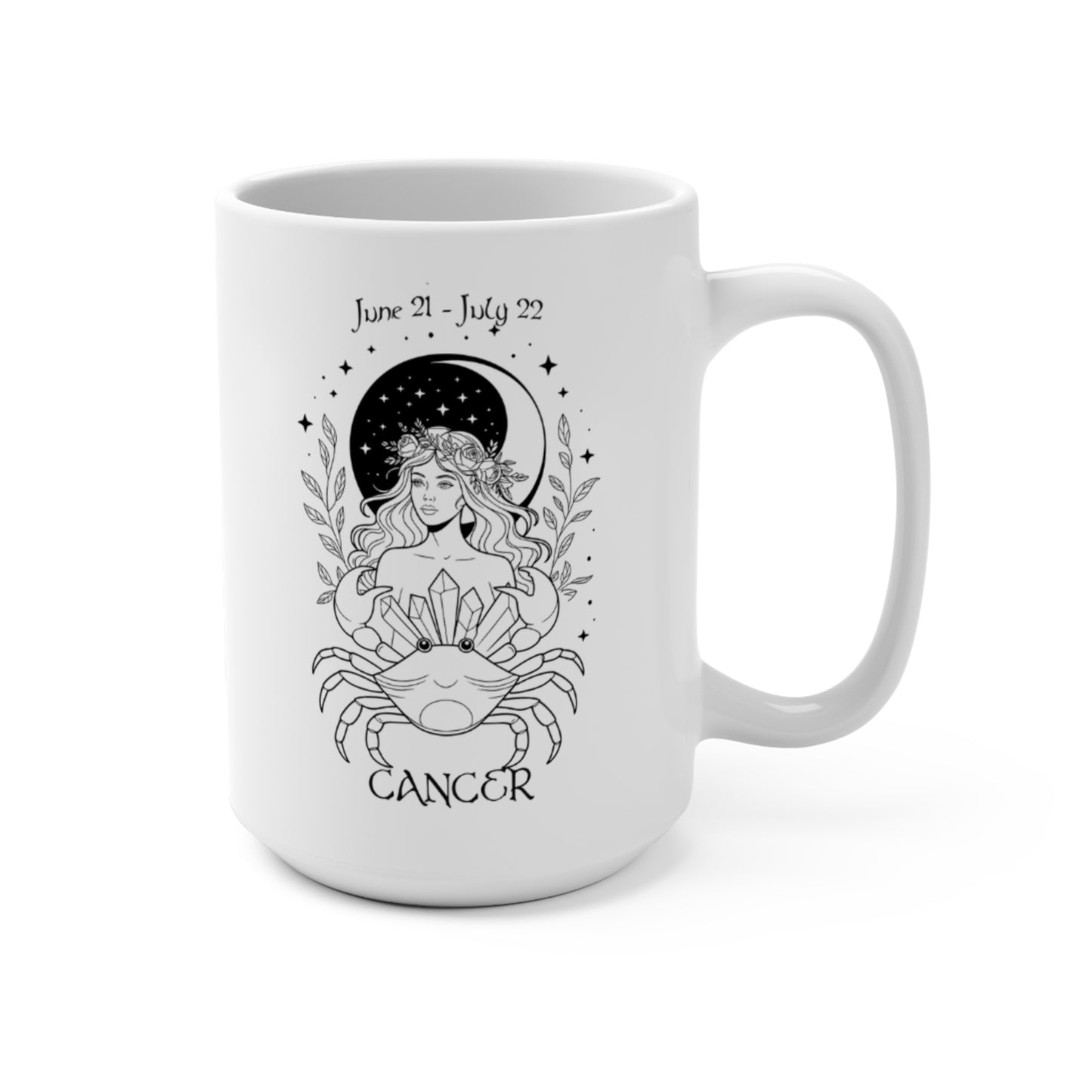Cancer Zodiac Goddess Mug with celestial crab design and June 21 - July 22 dates

