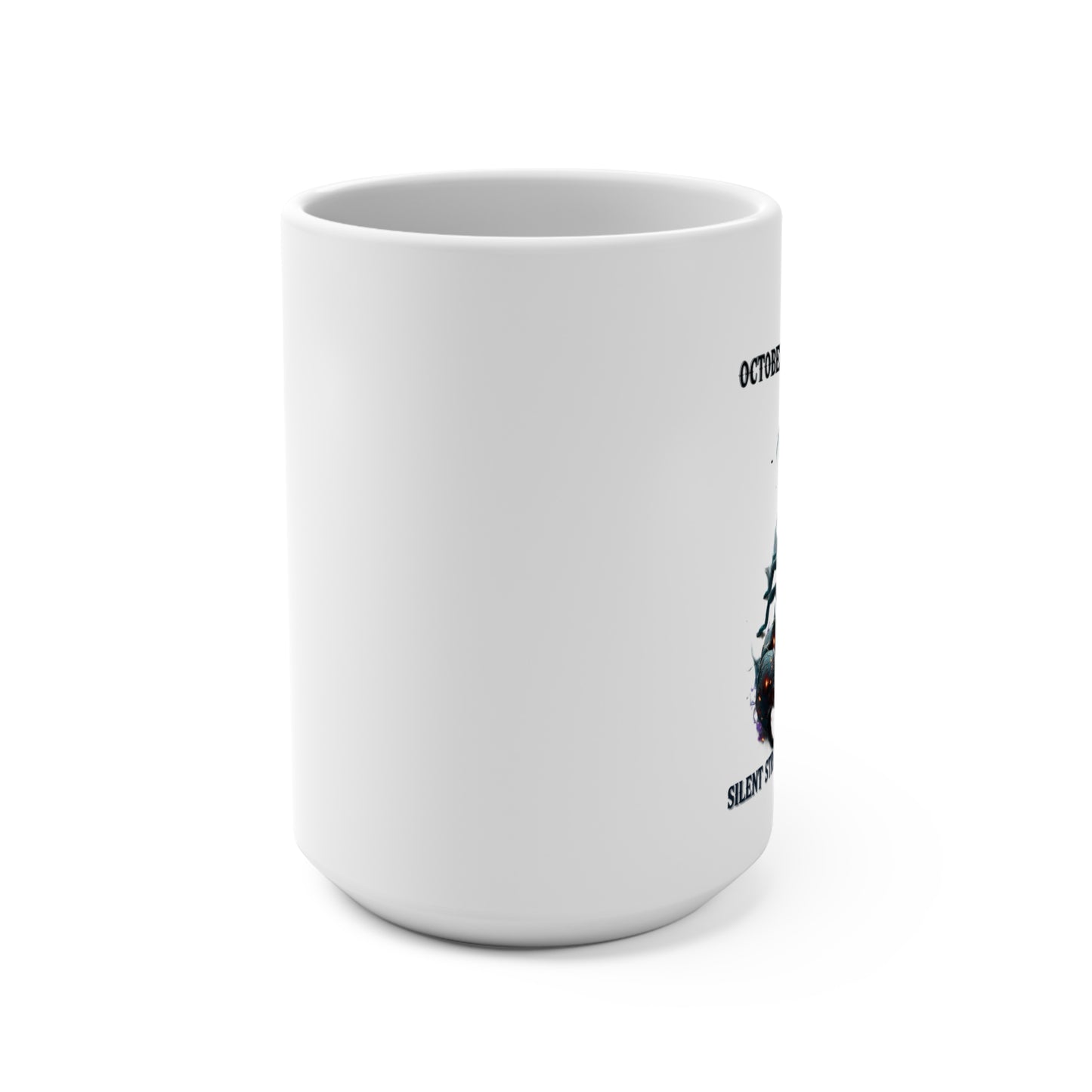 White mug with text and graphics on a white background