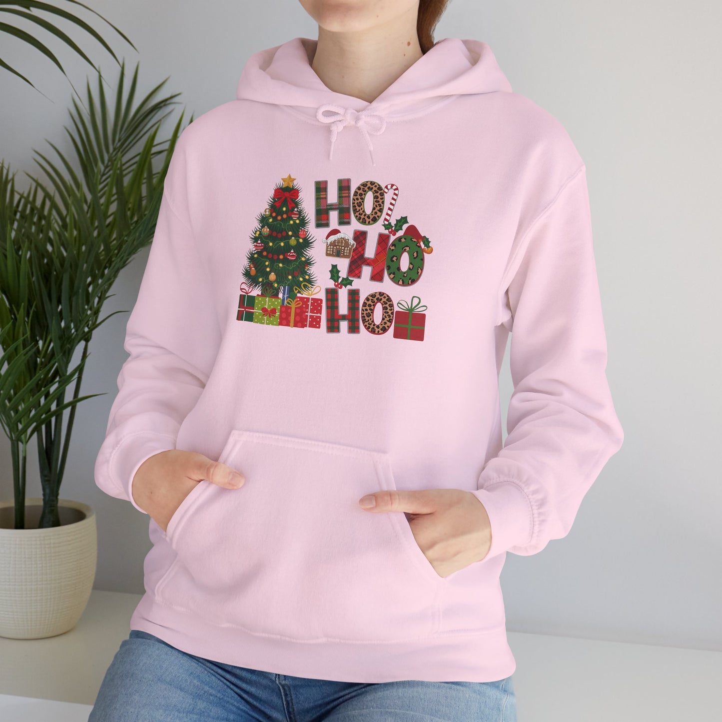 Embroidered Ho Ho Ho Christmas Hoodie – Festive Tree & Gifts Holiday Sweatshirt