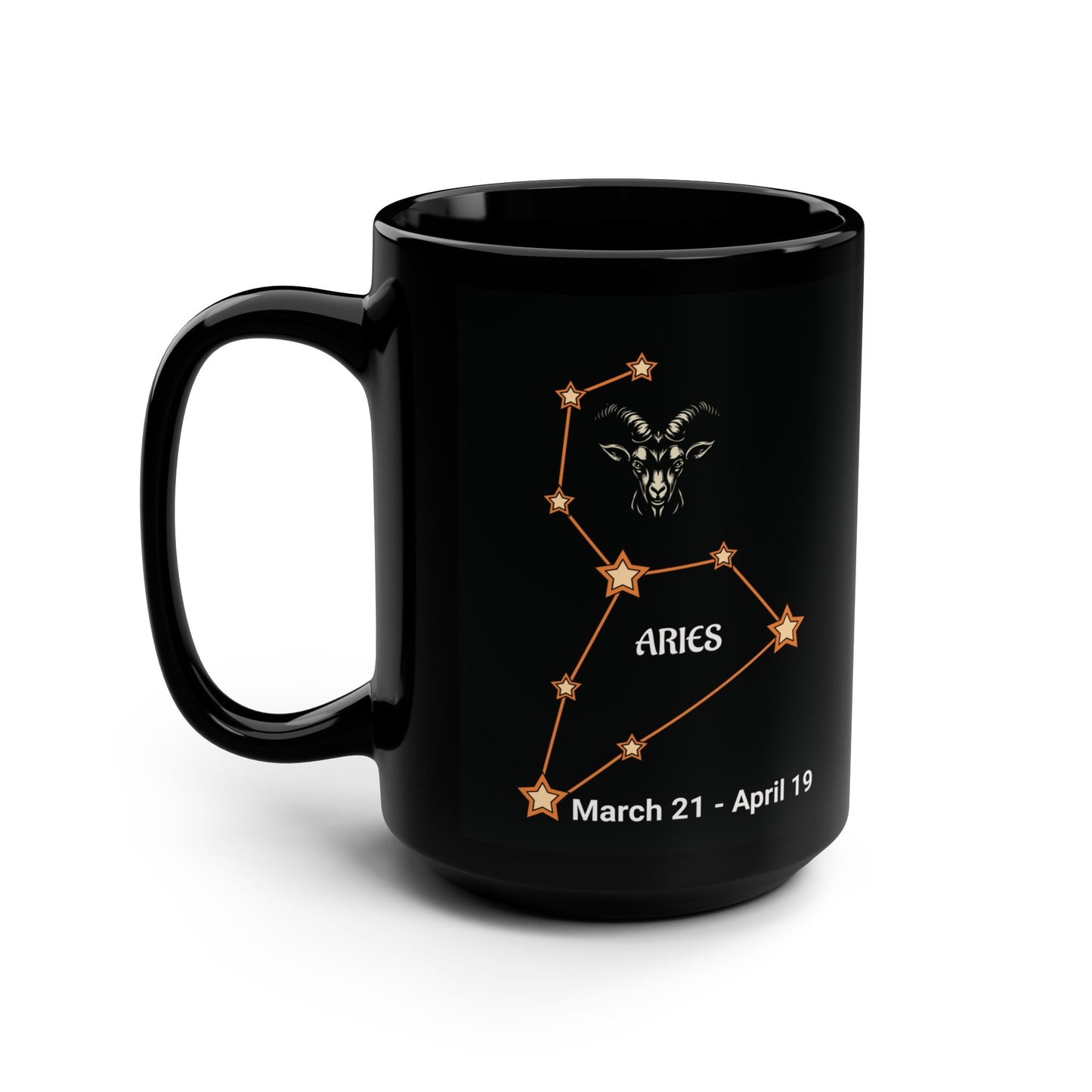 Black mug with Aries constellation design on a white background