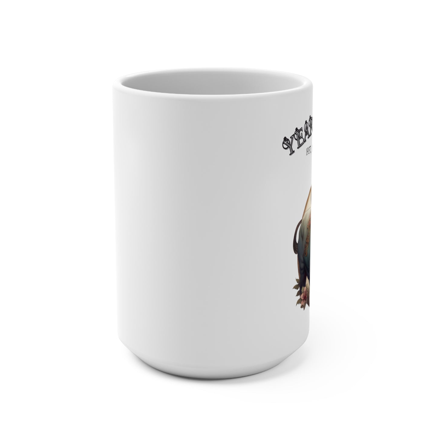 White mug with a graphic design on a white background