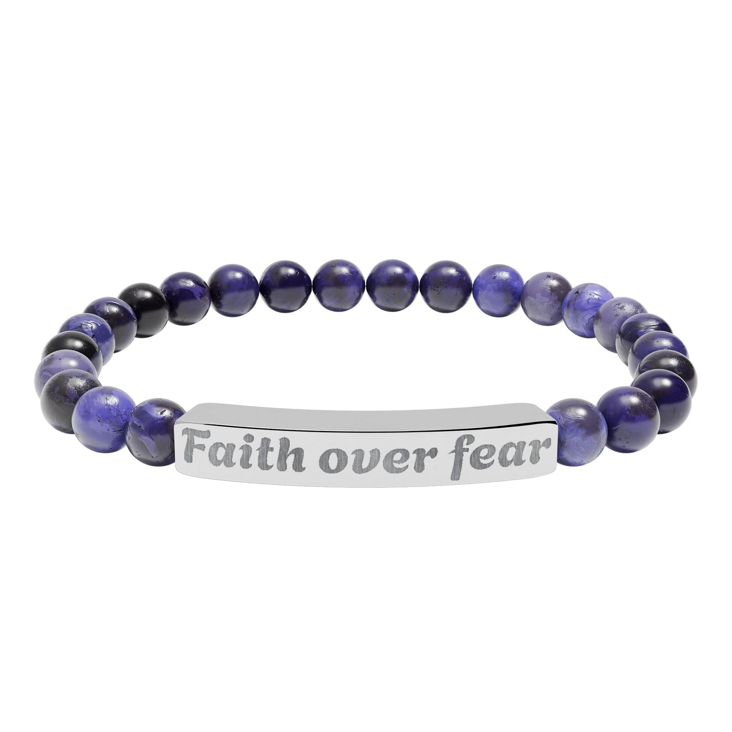 Faith Over Fear Natural Stone Stretch Bracelet — Engraved Beaded Bar Bracelet