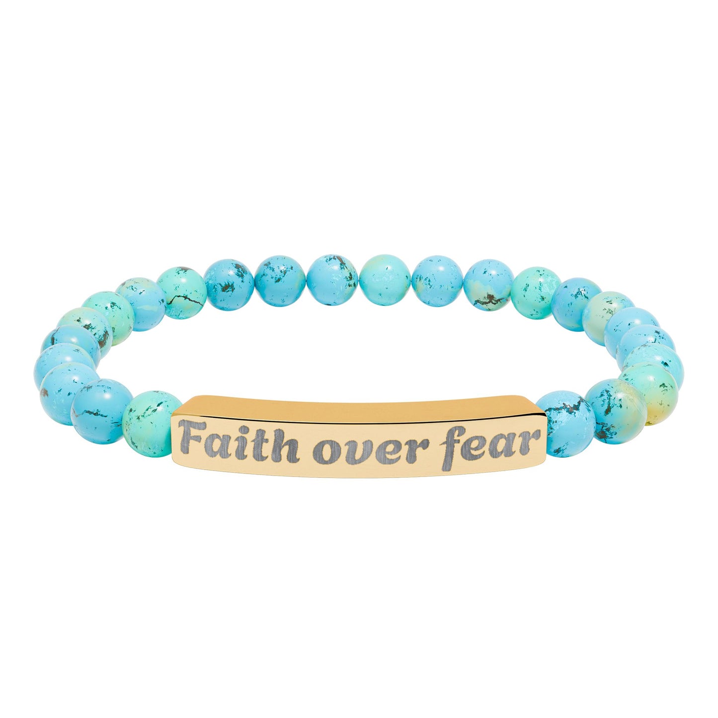 Faith Over Fear Natural Stone Stretch Bracelet — Engraved Beaded Bar Bracelet