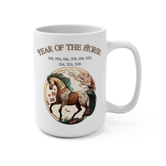 White mug with a horse design and text about the Year of the Horse on a white background