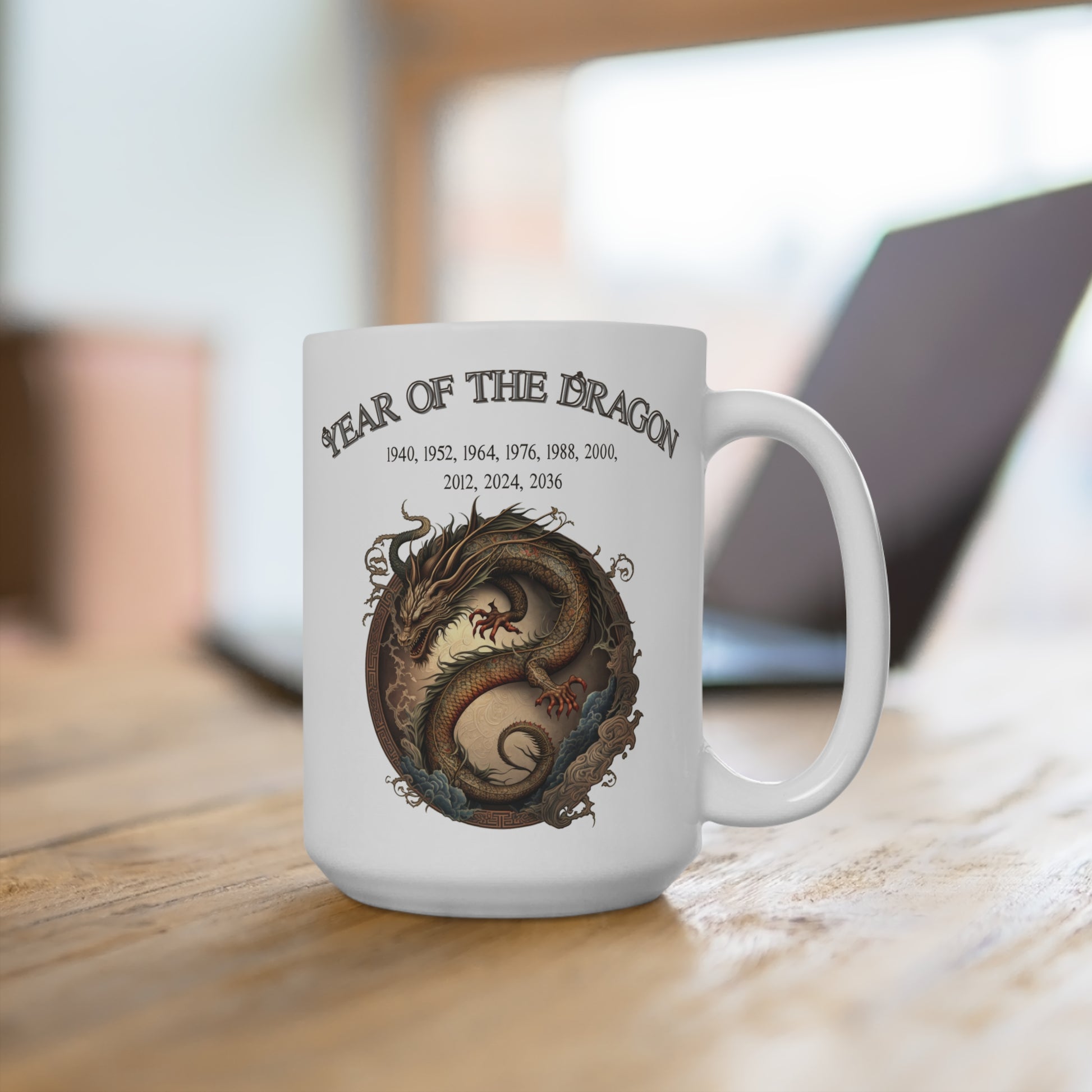 White mug with dragon design and text on a wooden surface