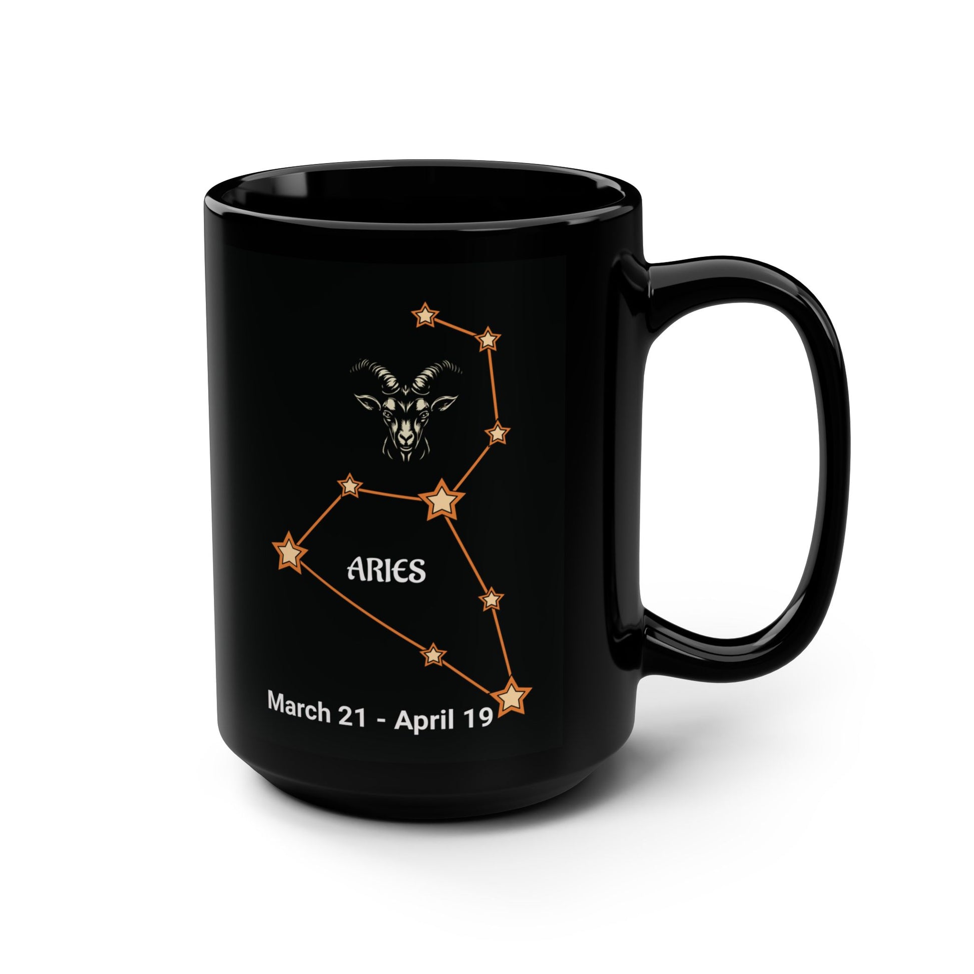 Black mug with Aries constellation design and text on a white background