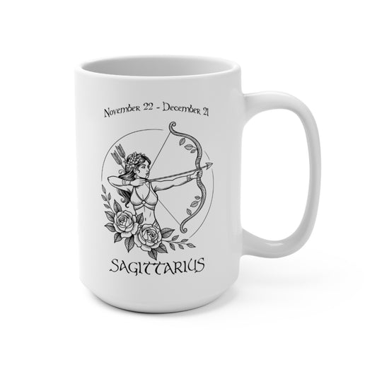 Sagittarius Zodiac Goddess Mug with celestial archer design and November 22 - December 21 dates

