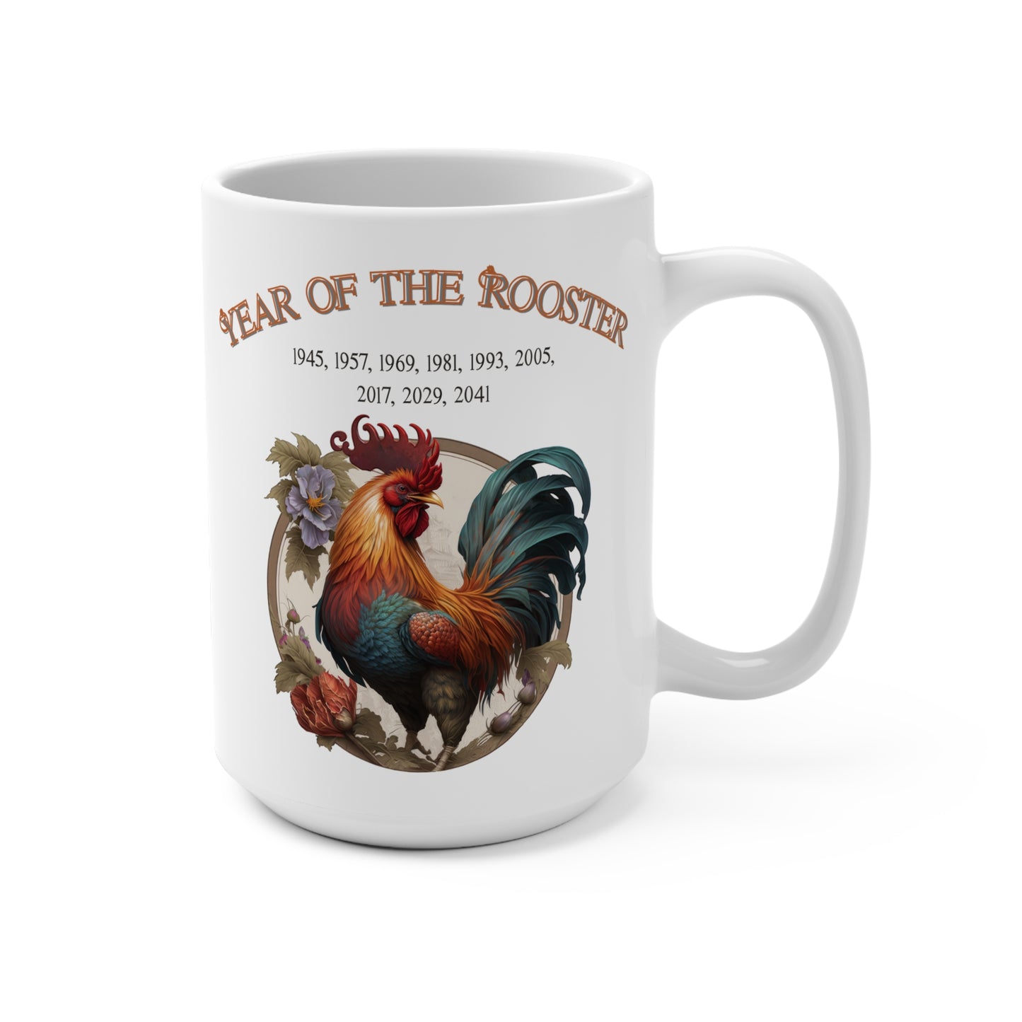 White mug with rooster design and 'Year of the Rooster' text on a white background