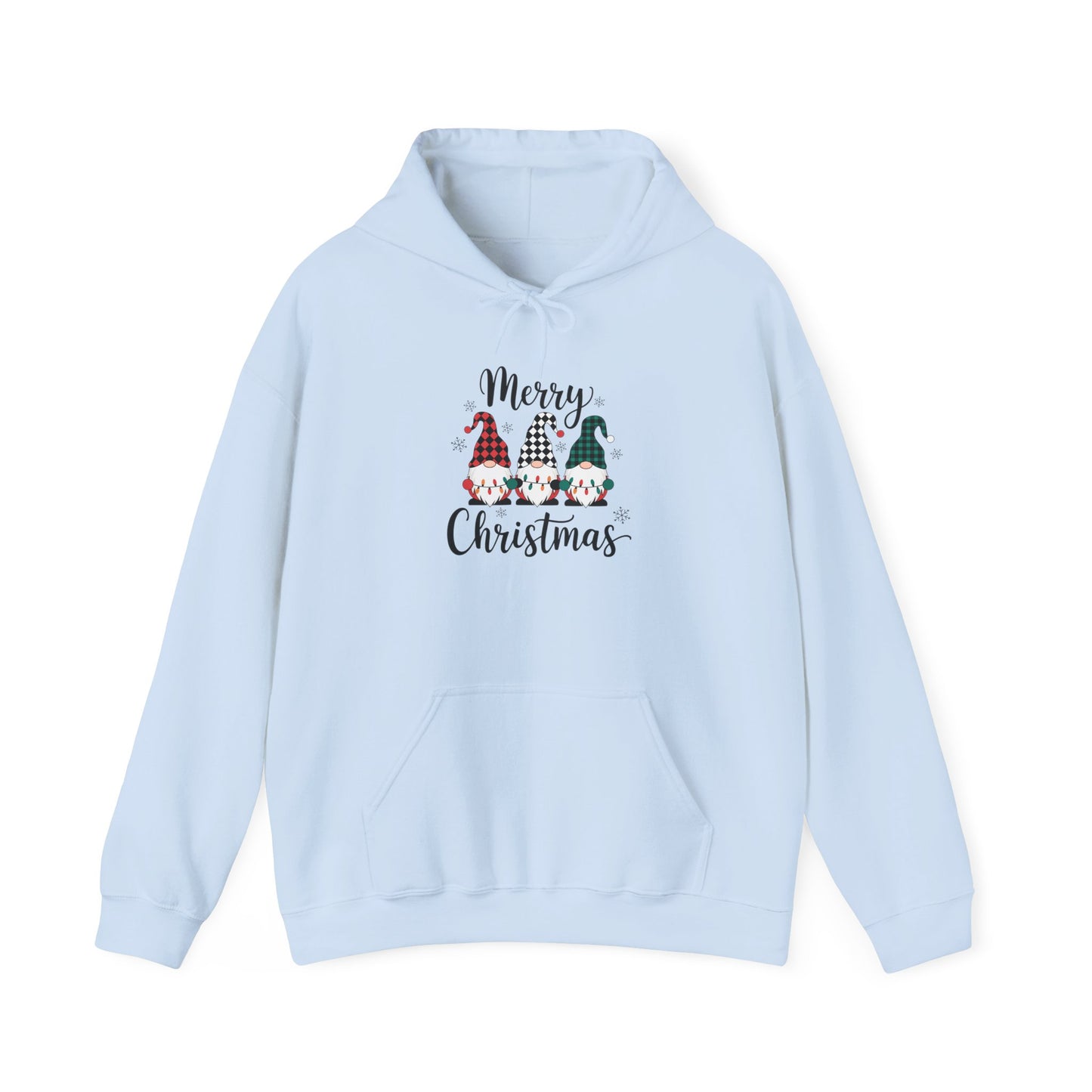 Embroidered Merry Christmas Gnomes Hoodie — Festive Plaid Holiday Pullover