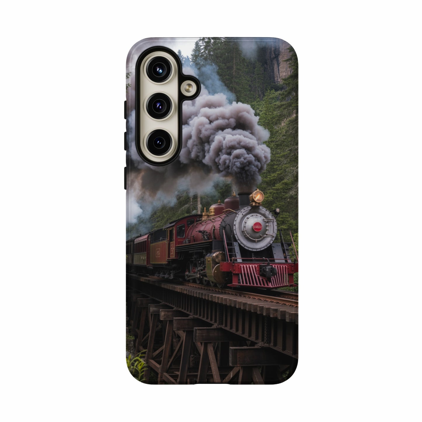 Steam train crosses wooden bridge through a forest, emitting dark smoke.