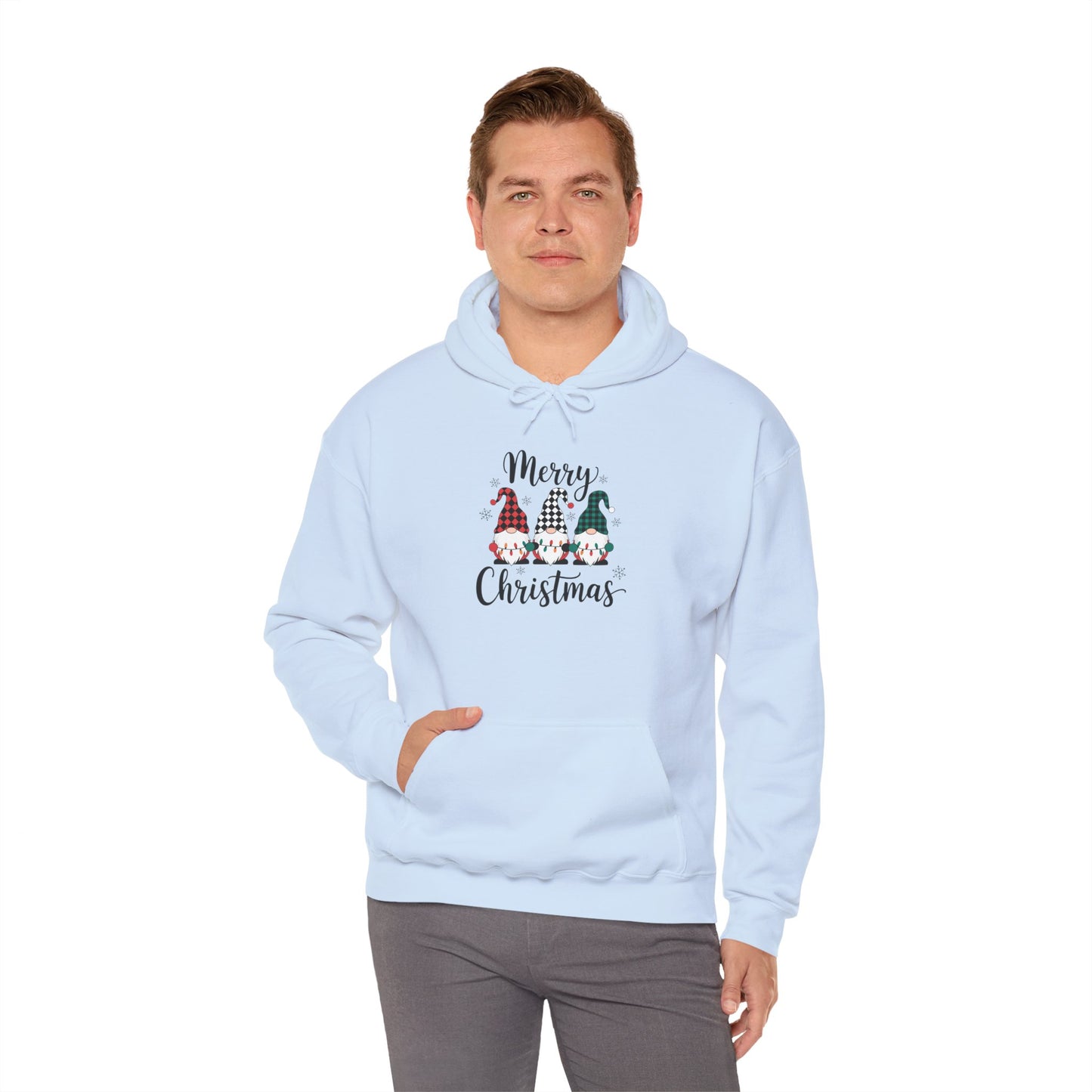 Embroidered Merry Christmas Gnomes Hoodie — Festive Plaid Holiday Pullover
