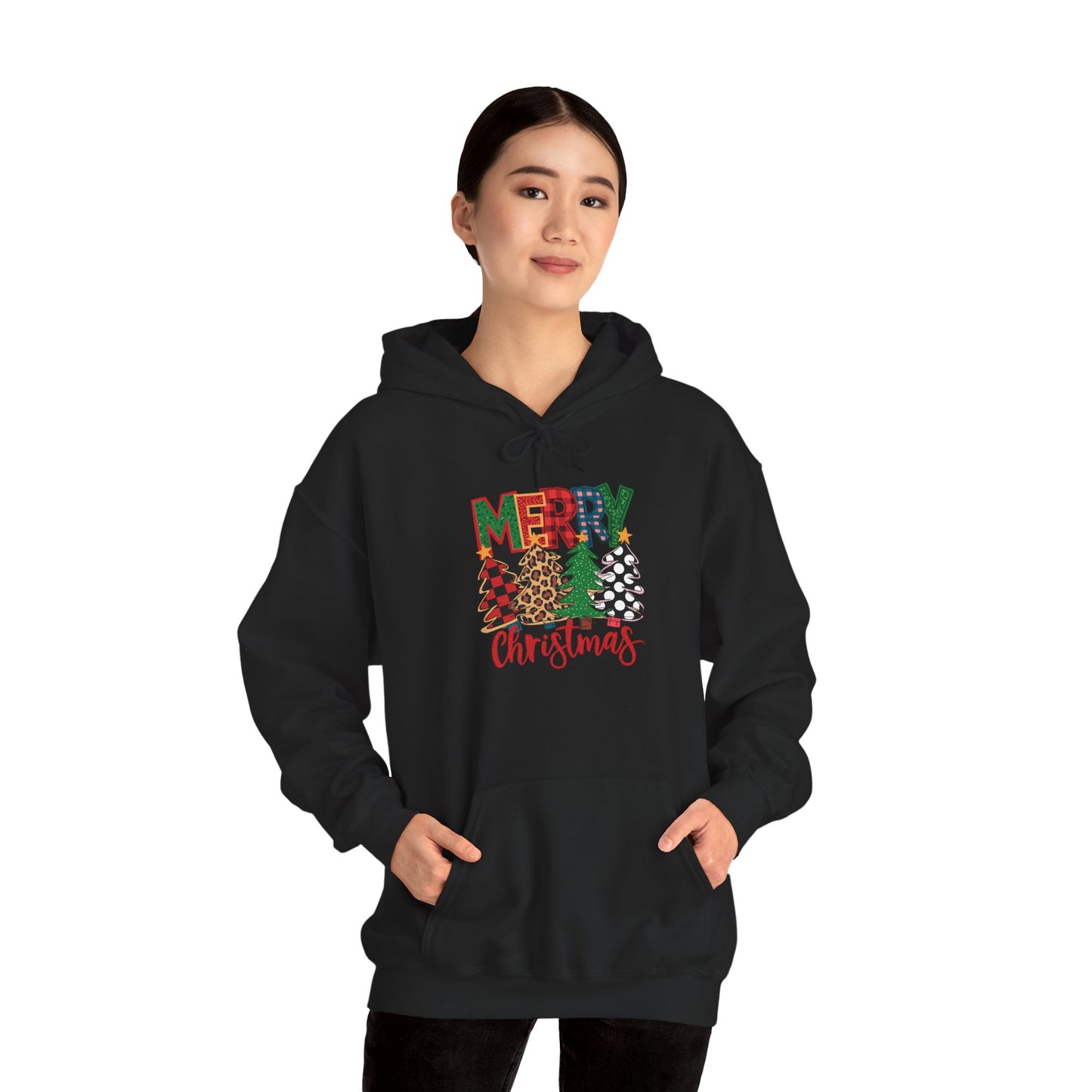 Embroidered Christmas Trees 'Merry Christmas' Hoodie - Holiday Plaid & Buffalo Check