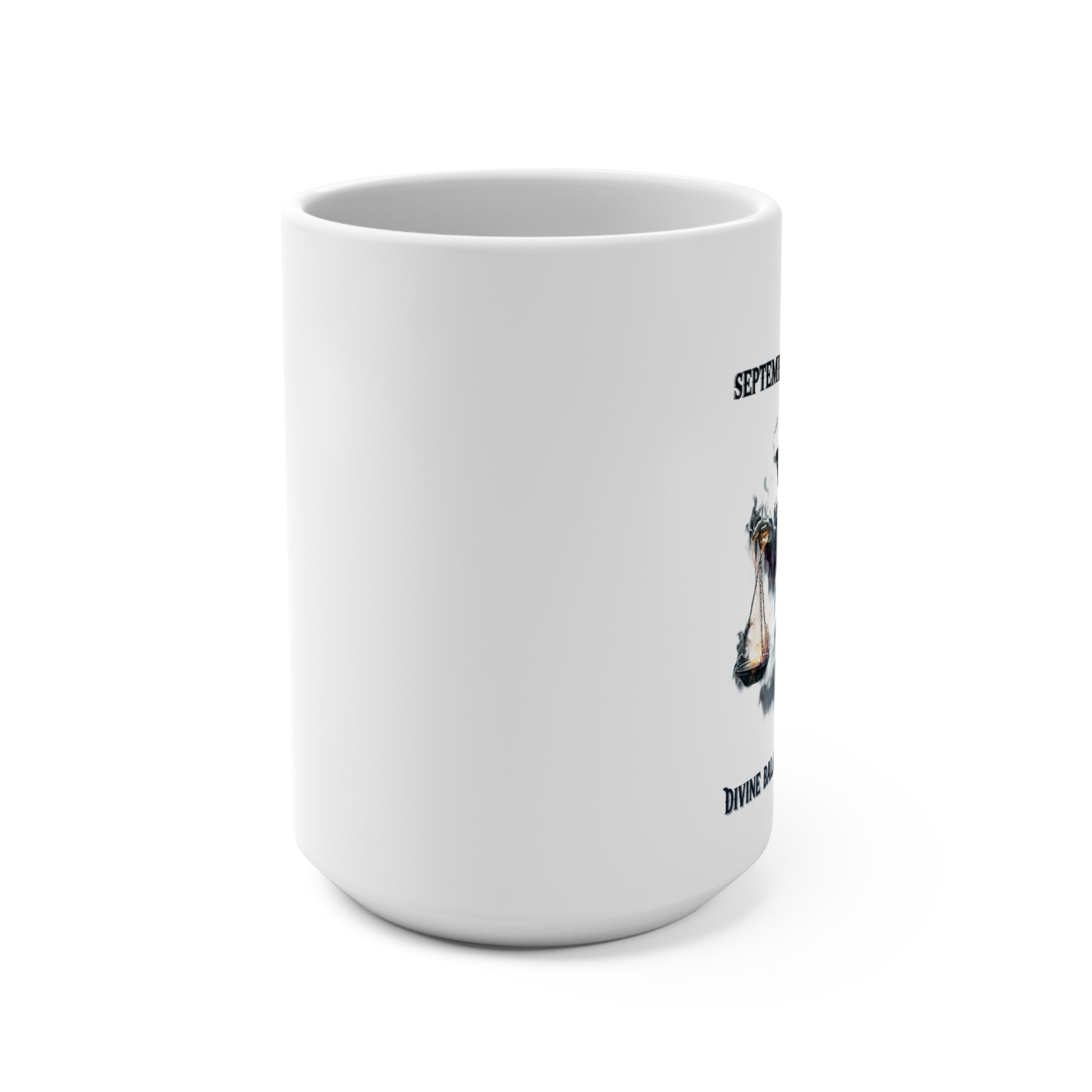 White mug with a graphic design on a white background