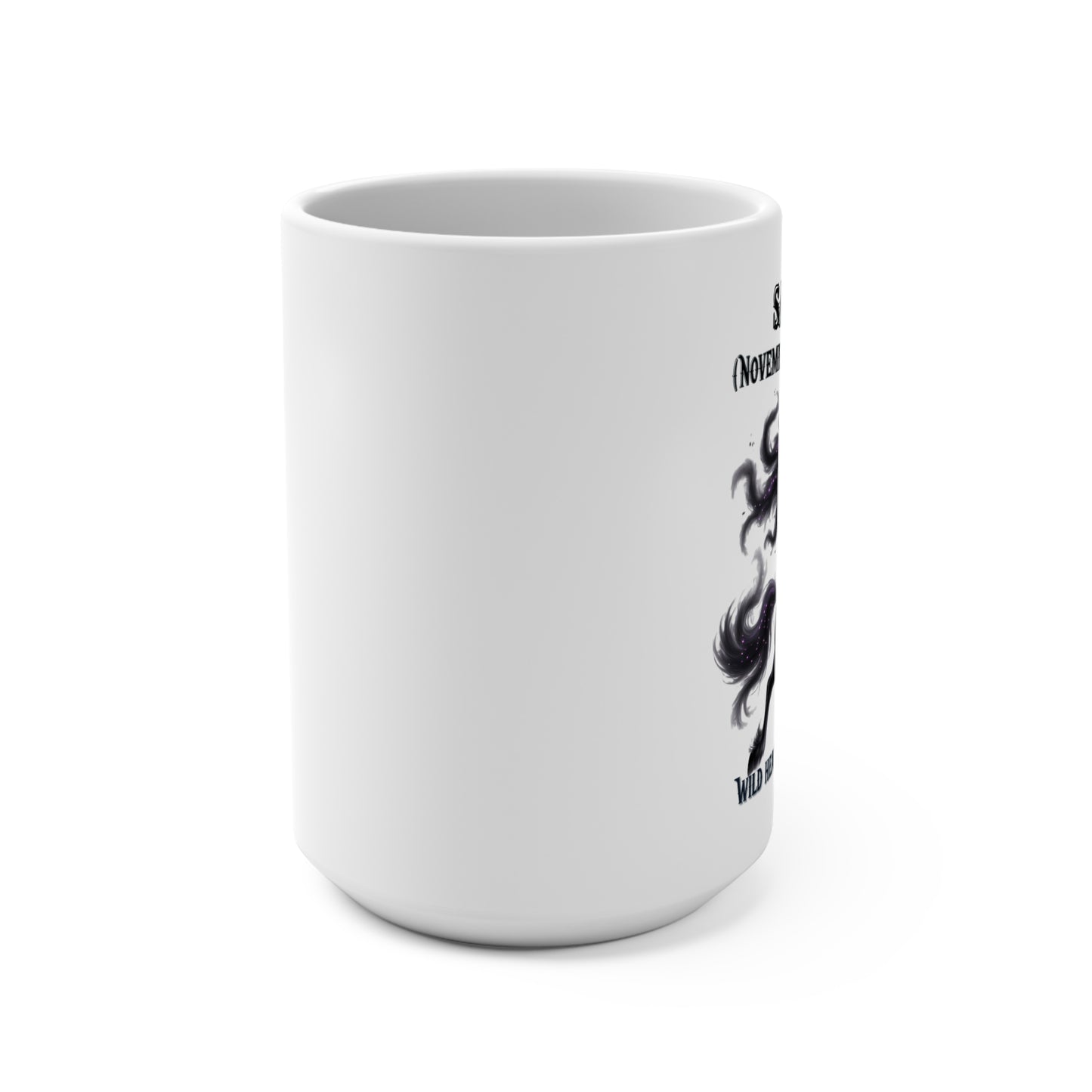 White mug with black text and design on a white background