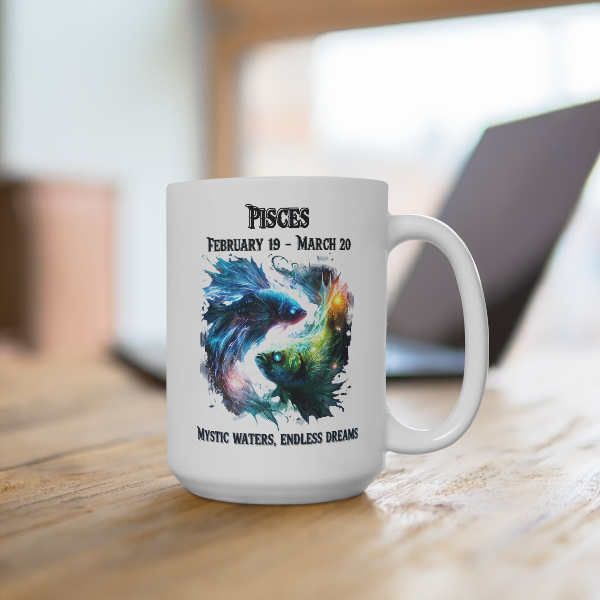 White mug with Pisces zodiac design on a wooden surface