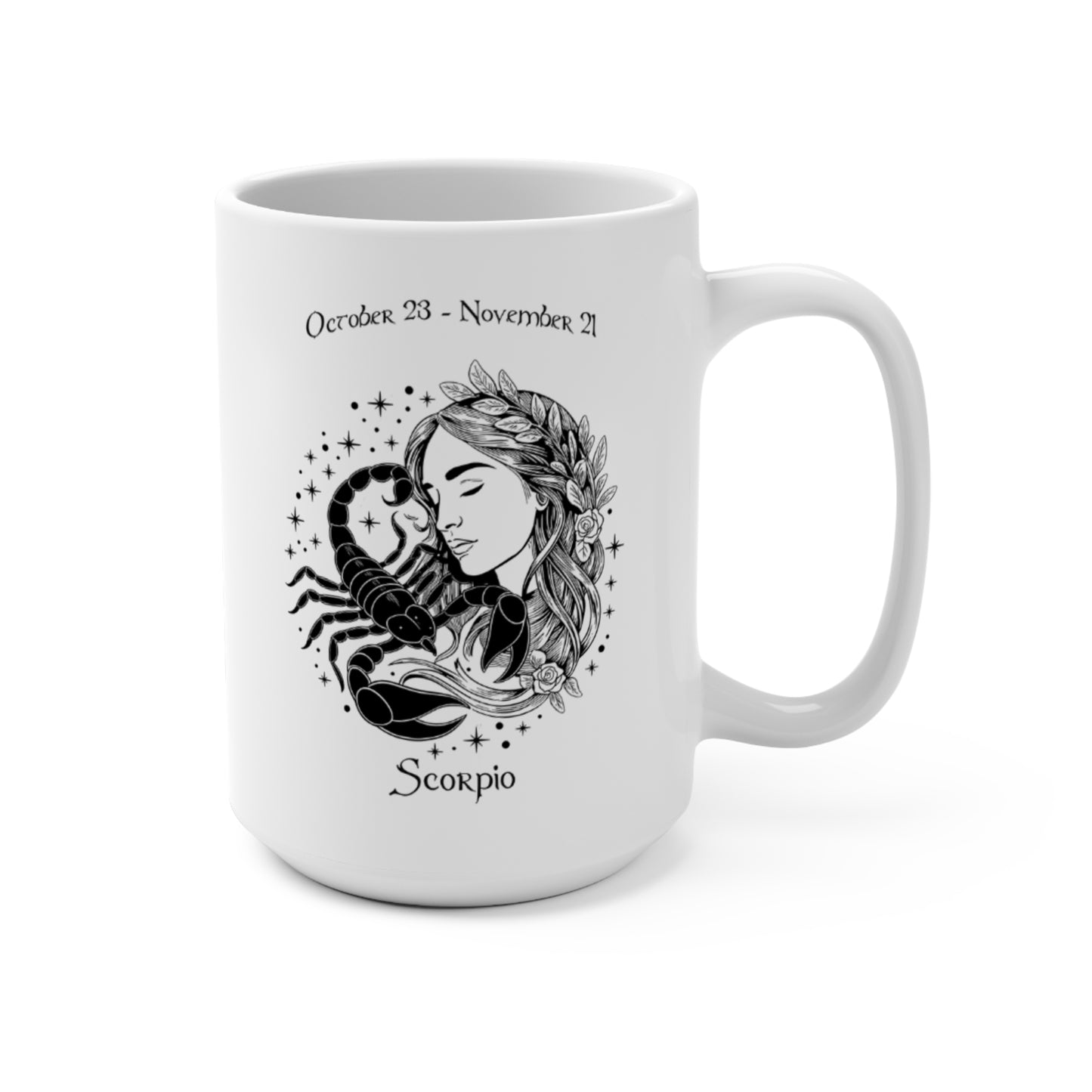 Scorpio Zodiac Goddess Mug with celestial scorpion design and October 23 - November 21 dates

