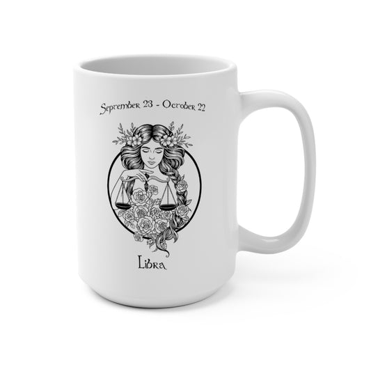 Libra Zodiac Goddess Mug with celestial scales design and September 23 - October 22 dates

