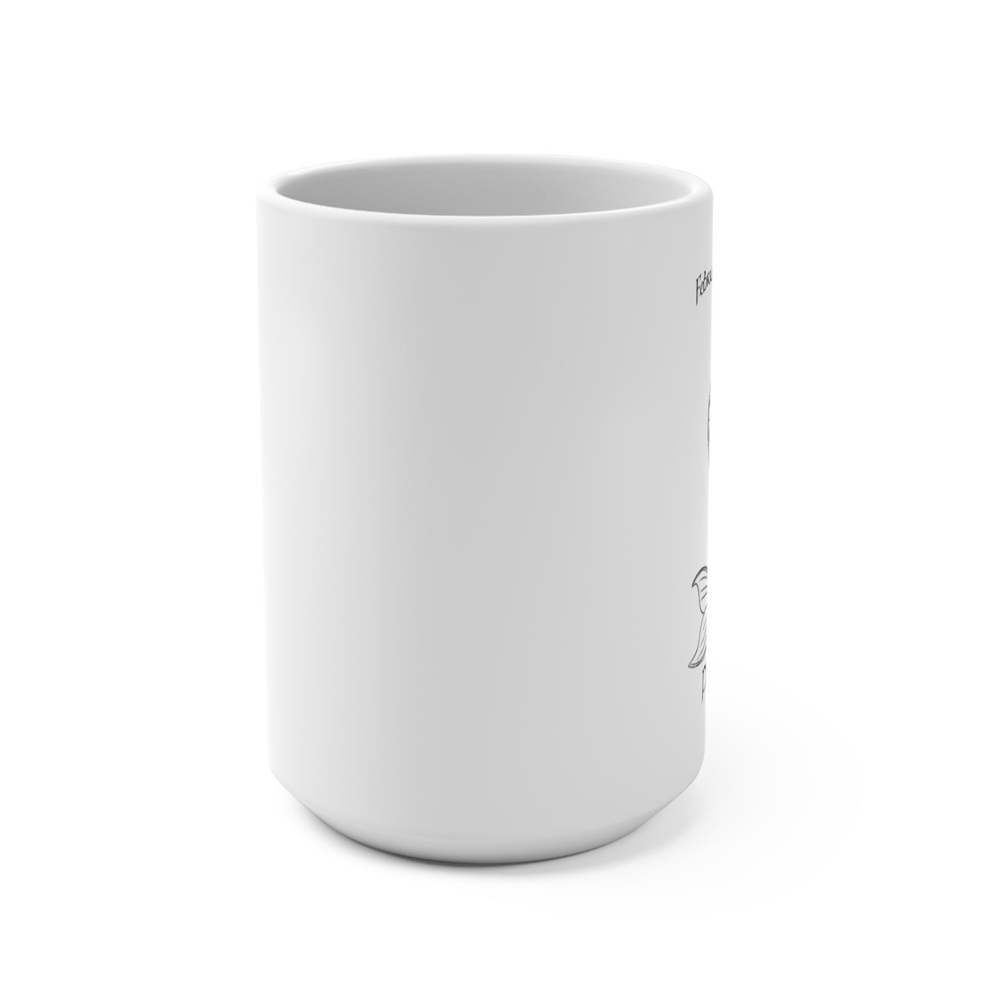 White ceramic mug with a small design on a white background